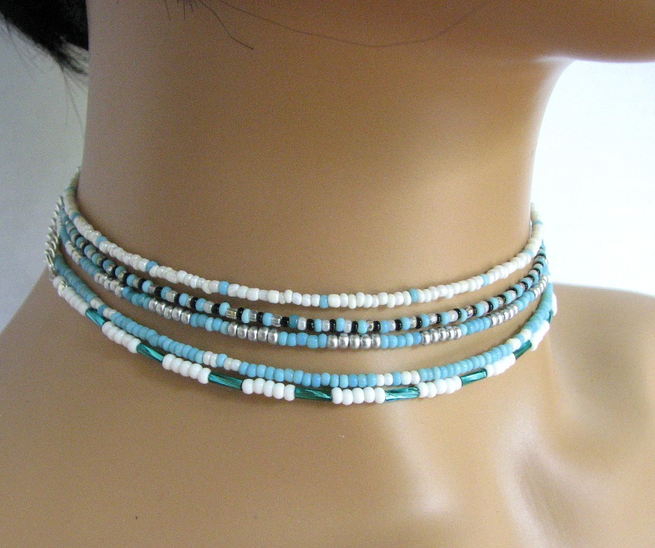 Turquoise seed bead choker collection