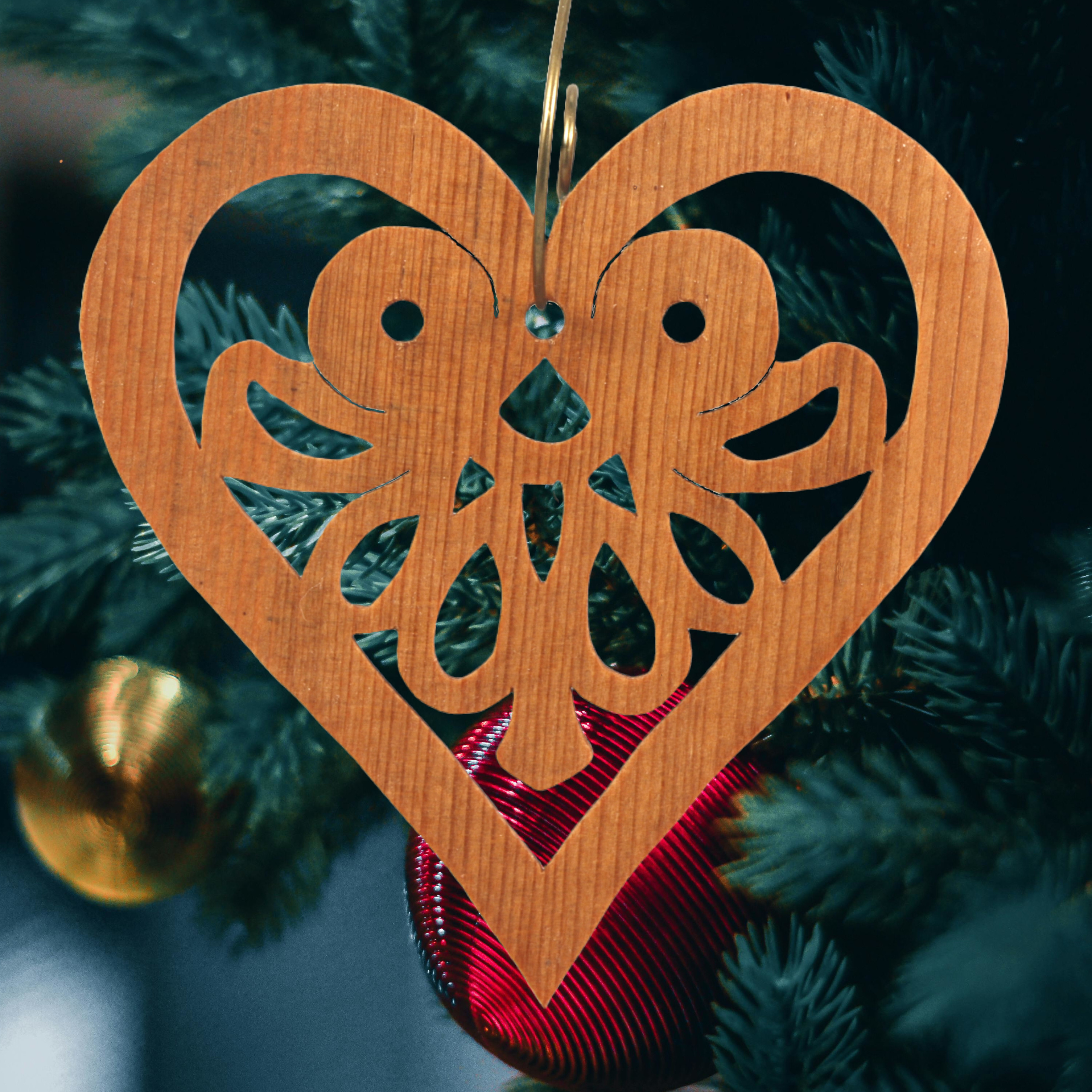 Handcrafted Wooden Victorian Style Heart Christmas Tree Ornament - Made In USA