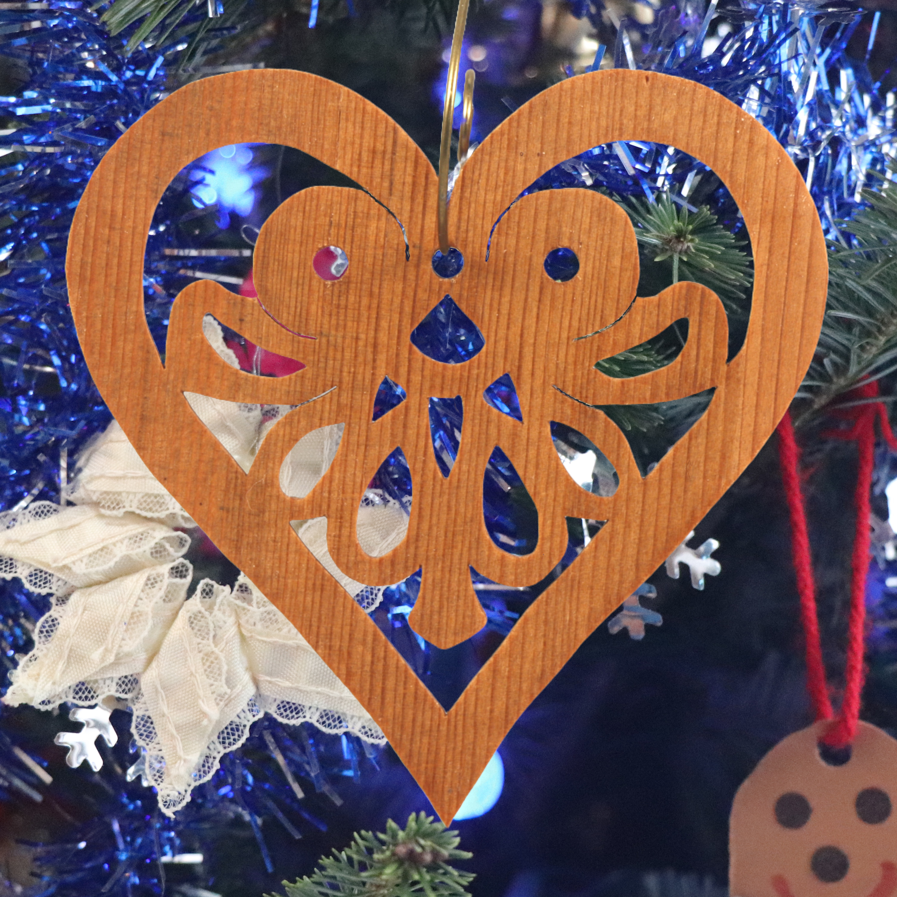 Handcrafted Wooden Victorian Style Heart Christmas Tree Ornament - Made In USA