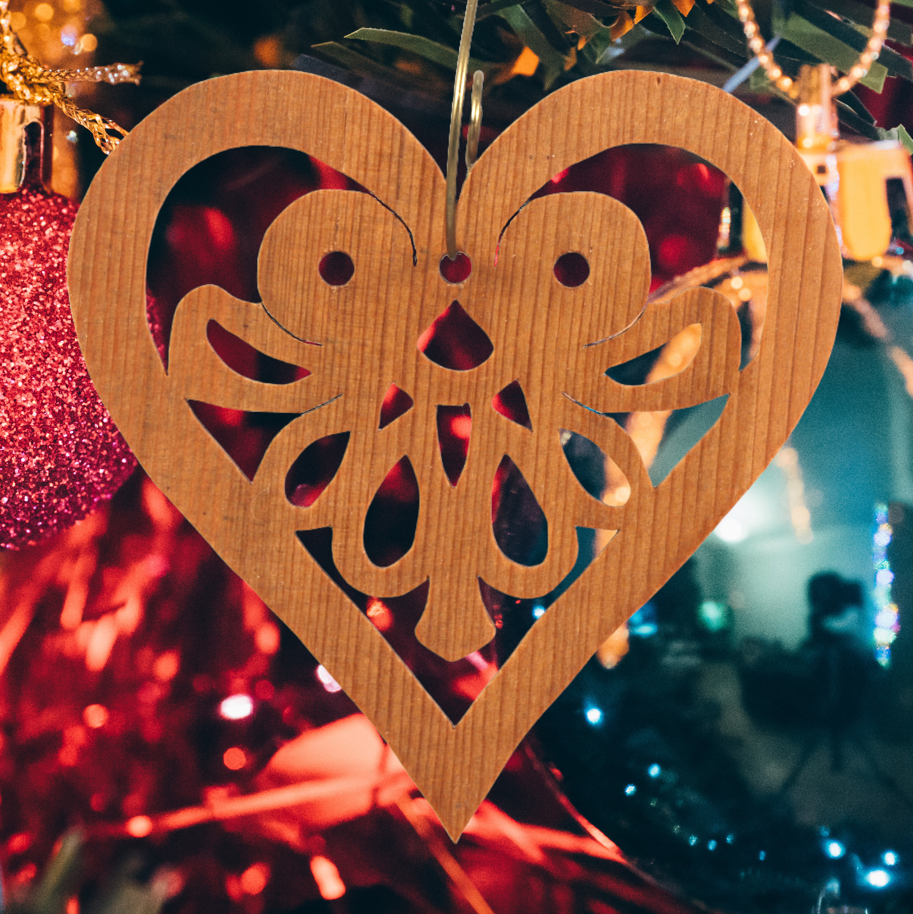 Handcrafted Wooden Victorian Style Heart Christmas Tree Ornament - Made In USA