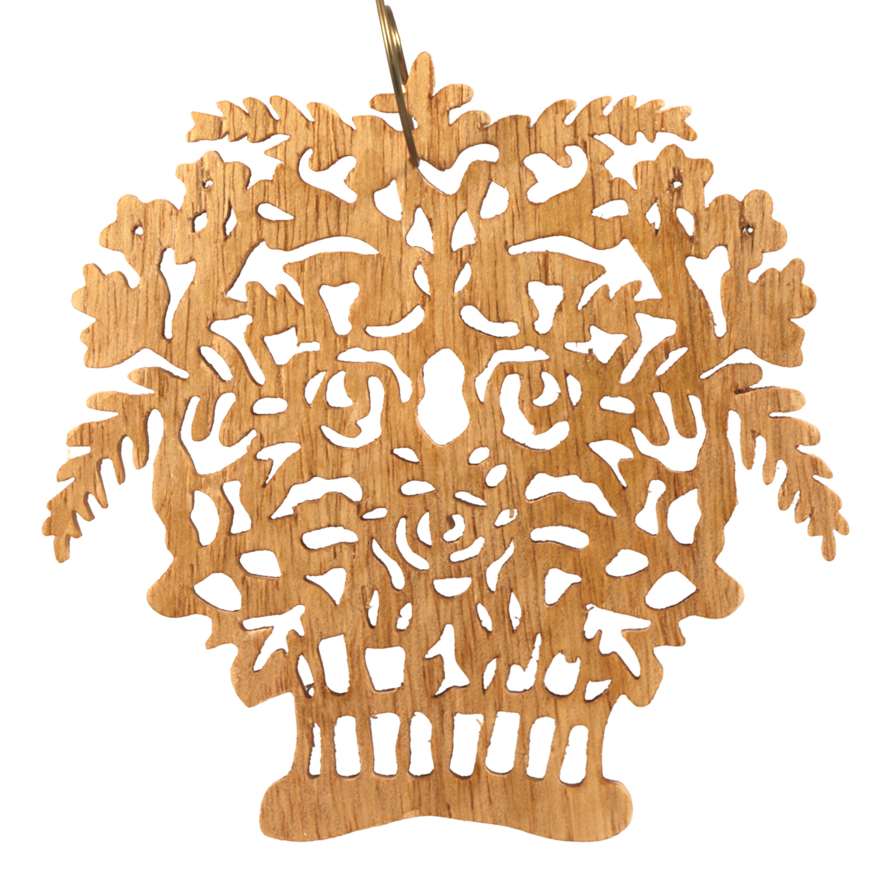 A handcrafted Victorian-style wooden Christmas tree ornament shaped like a basket filled with intricate floral designs, featuring detailed leaves and blossoms, with a small hook at the top for hanging.