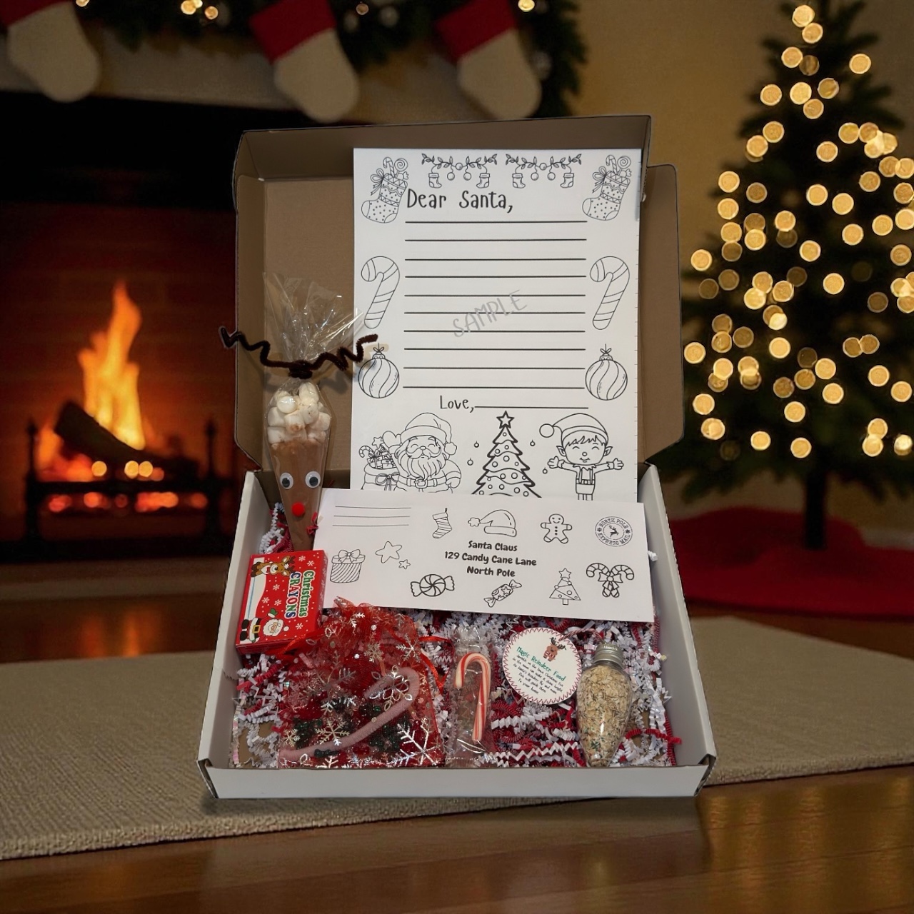 Open Dear Santa Letter Kit by fireplace & stockings — handcrafted Christmas Eve box full of cozy holiday magic. Open Dear Santa Letter Kit by fireplace & stockings — handcrafted Christmas Eve box full of cozy holiday magic.