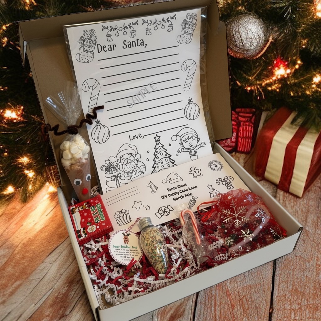 Dear Santa Letter Kit under Christmas tree with lights & presents — handmade family keepsake crafted with love. Dear Santa Letter Kit under Christmas tree with lights & presents — handmade family keepsake crafted with love.