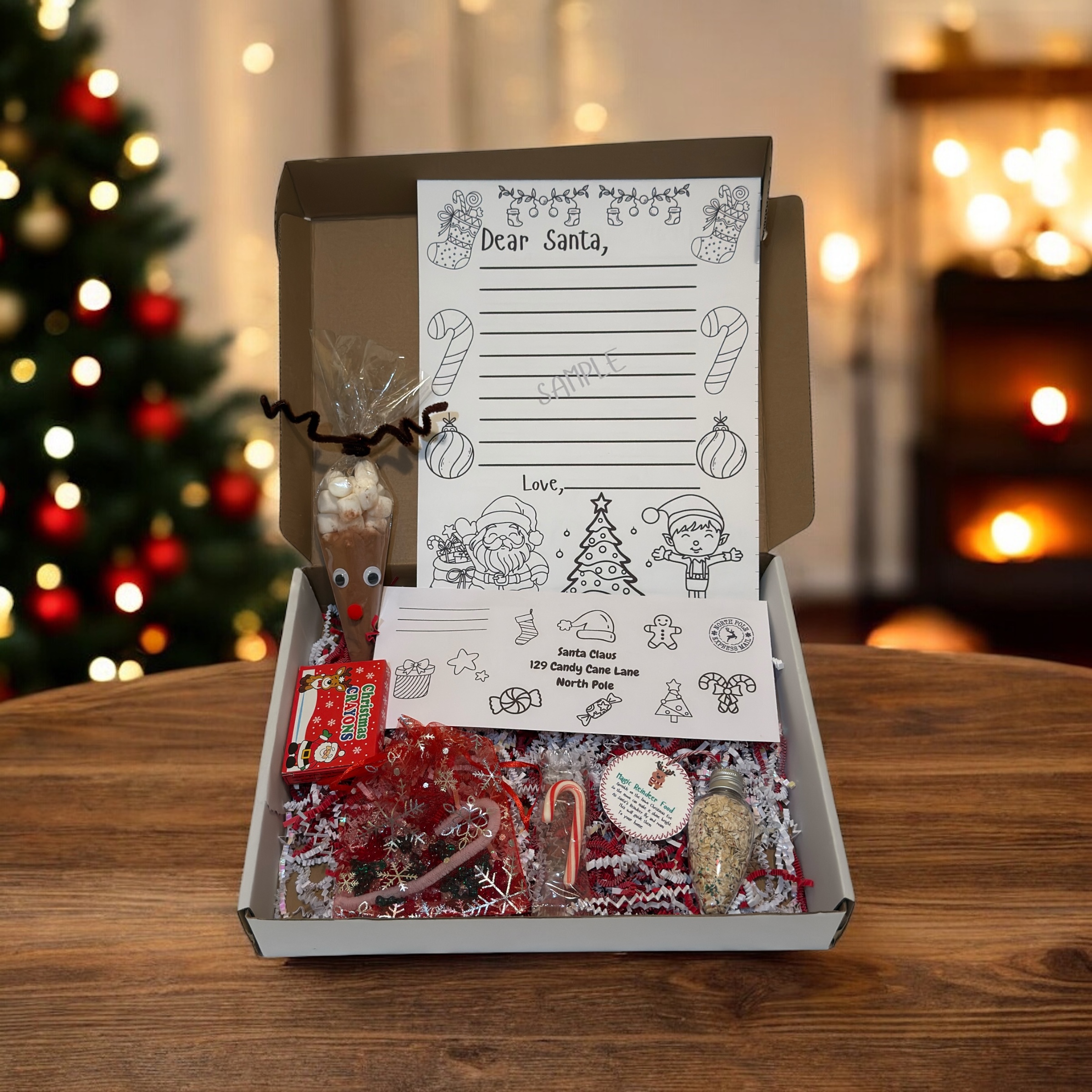 Handmade Dear Santa Letter Kit with candy canes, crayons, and cocoa cone, softly lit by fireplace glow and Christmas tree twinkle lights.
 Handmade Dear Santa Letter Kit with candy canes, crayons, and cocoa cone, softly lit by fireplace glow and Christmas tree twinkle lights.