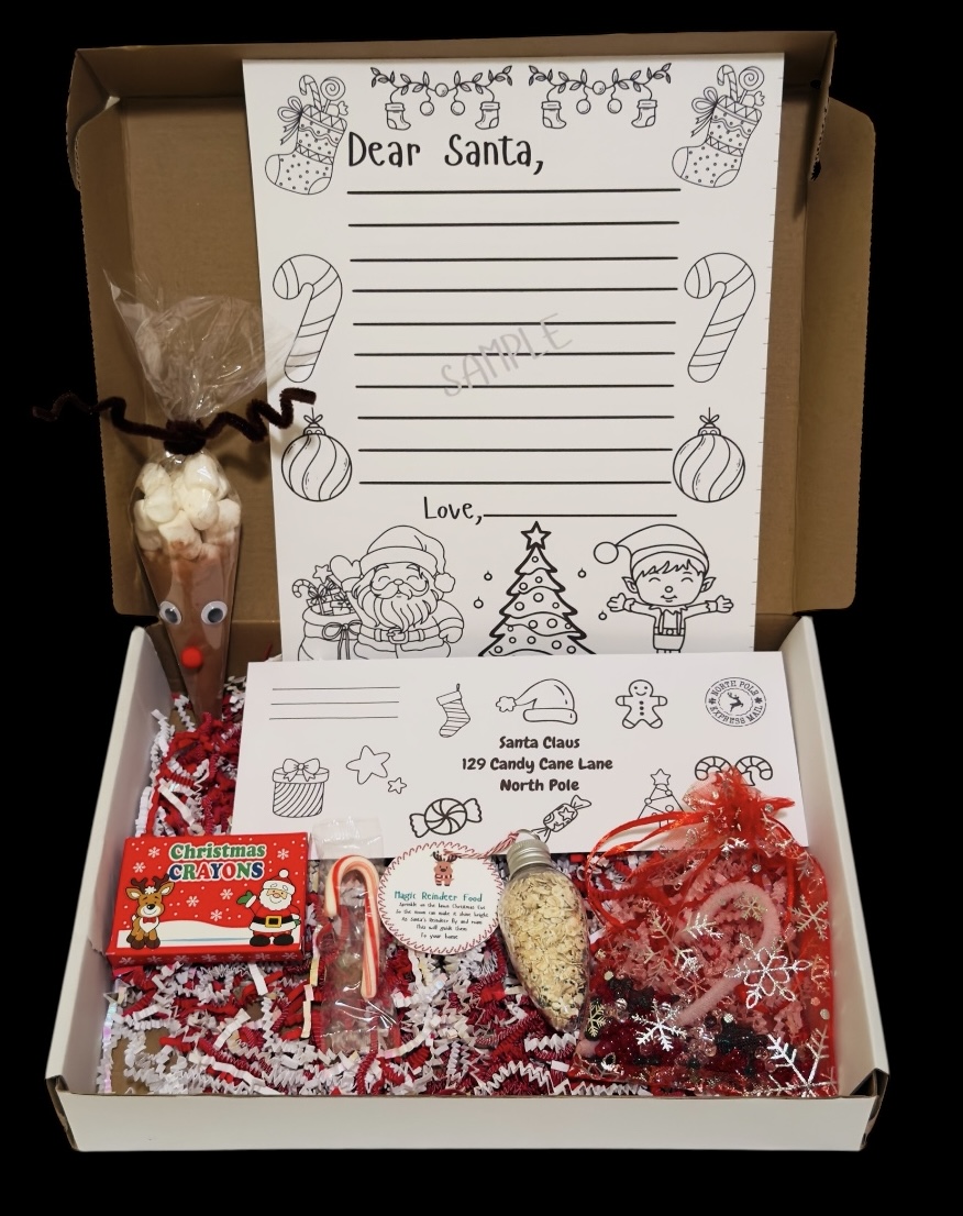Close-up of Dear Santa Letter Kit showing cocoa cone, crayons & reindeer food — handmade with love for Christmas Eve tradition. Close-up of Dear Santa Letter Kit showing cocoa cone, crayons & reindeer food — handmade with love for Christmas Eve tradition.