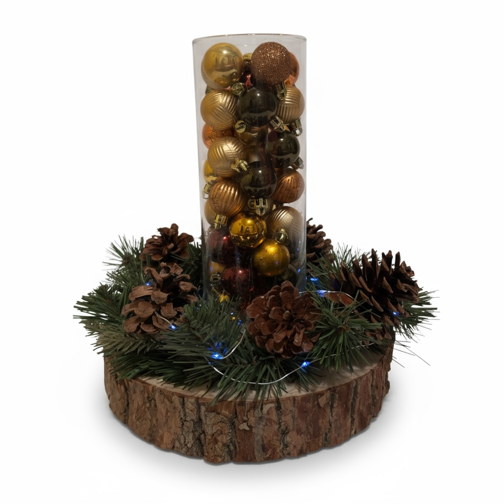 Rustic artisan centerpiece displayed on white background; pine greenery, wood slice base, and gold ornaments highlighted clearly. Rustic artisan centerpiece displayed on white background; pine greenery, wood slice base, and gold ornaments highlighted clearly.