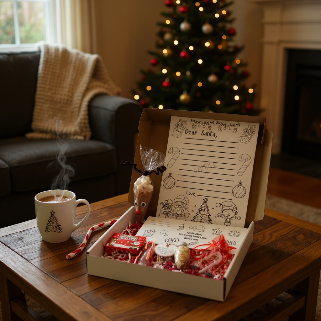 Dear Santa Letter Kit beside hot cocoa & lights — handmade Christmas Eve kit by Me and You Creations for families.
 Dear Santa Letter Kit beside hot cocoa & lights — handmade Christmas Eve kit by Me and You Creations for families.