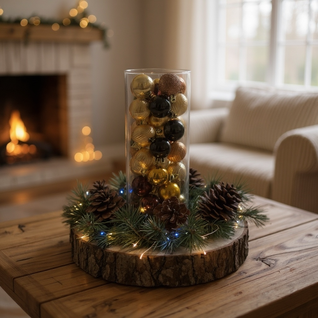 Rustic wood-slice centerpiece with pine greenery, pinecones, and metallic ornaments on a cozy table; handmade fall and Christmas decor. Rustic wood-slice centerpiece with pine greenery, pinecones, and metallic ornaments on a cozy table; handmade fall and Christmas decor.