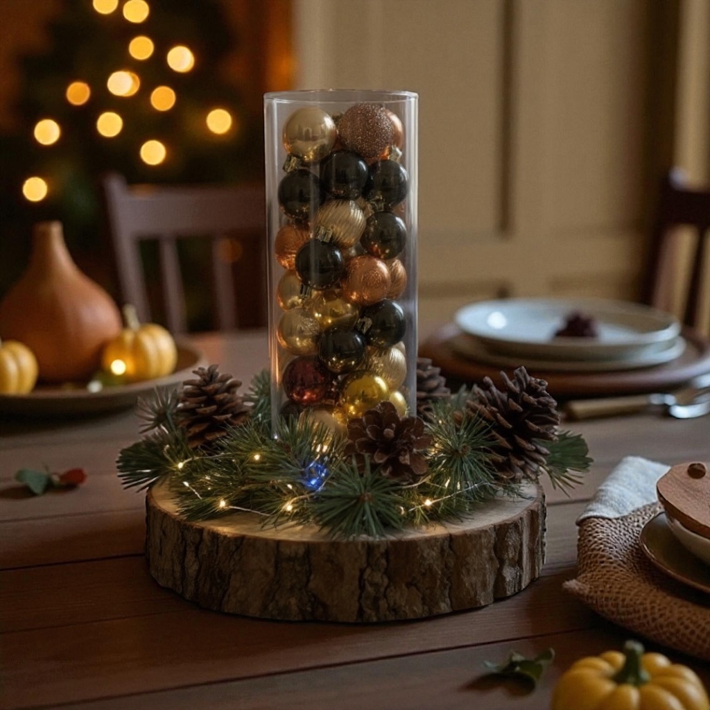 Handmade autumn centerpiece featuring pinecones, gold and bronze ornaments, and greenery; perfect for Thanksgiving tables.
 Handmade autumn centerpiece featuring pinecones, gold and bronze ornaments, and greenery; perfect for Thanksgiving tables.