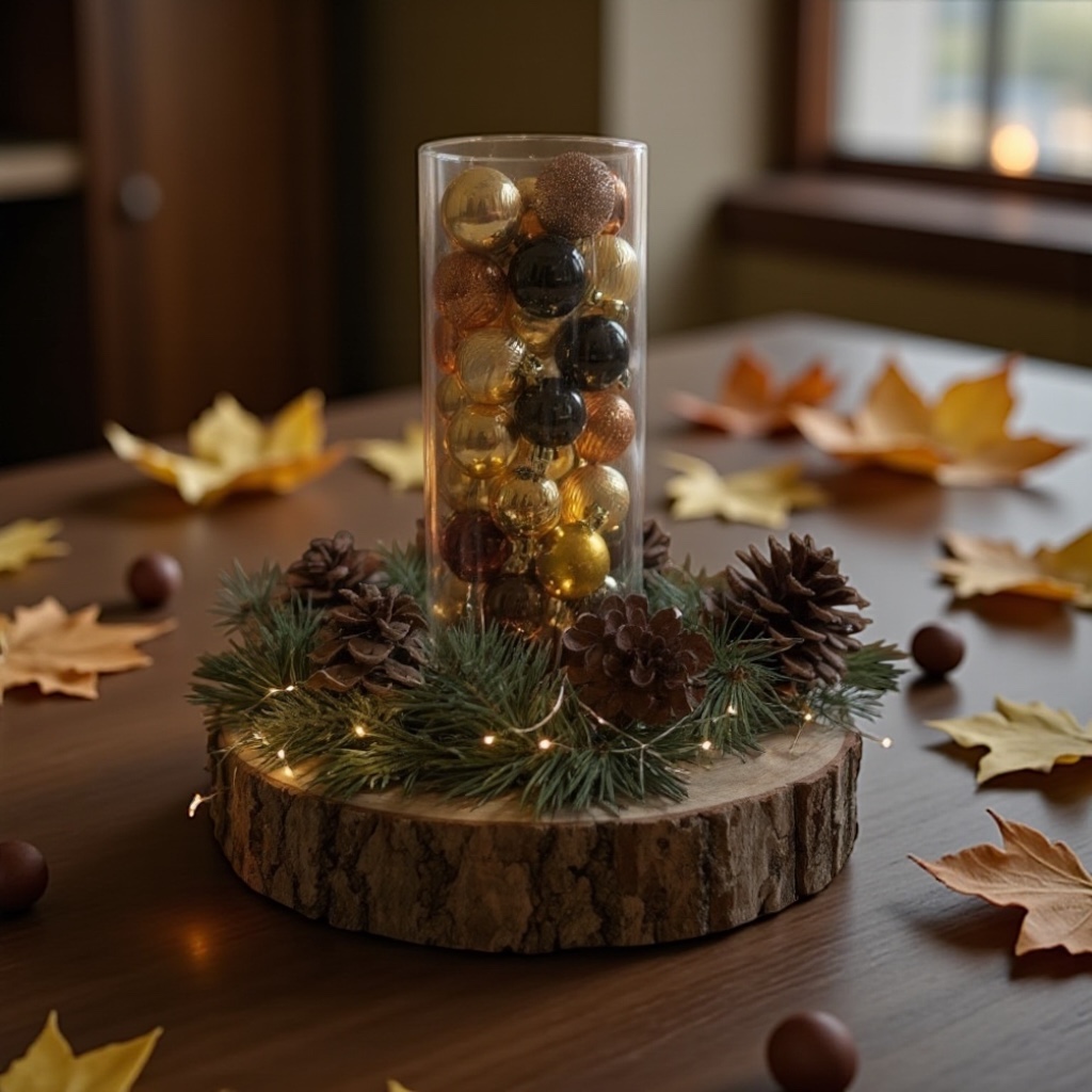 Artisan-crafted centerpiece on a wood base with pinecones, ornaments, and greenery; neutral seasonal accent for home or gift.
 Artisan-crafted centerpiece on a wood base with pinecones, ornaments, and greenery; neutral seasonal accent for home or gift.