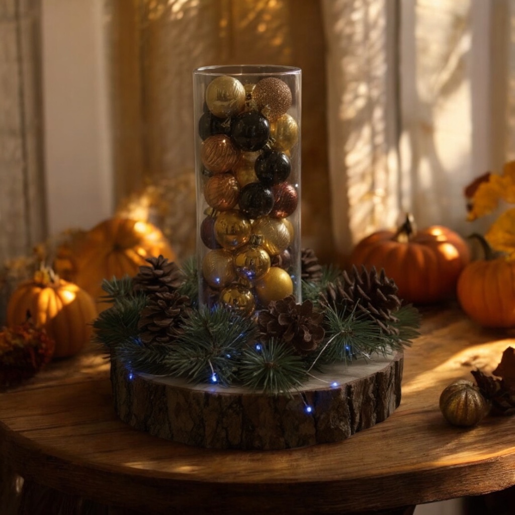 Artisan centerpiece crafted with pinecones and metallic ornaments in warm golden tones; perfect for seasonal home decorating. Artisan centerpiece crafted with pinecones and metallic ornaments in warm golden tones; perfect for seasonal home decorating.