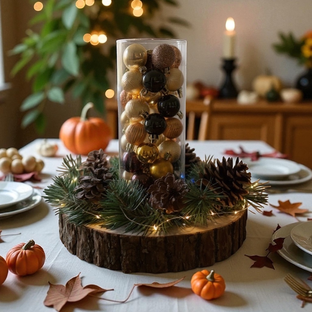 Elegant handmade centerpiece with pinecones and greenery on a rustic wood base; timeless neutral decor for any season. Elegant handmade centerpiece with pinecones and greenery on a rustic wood base; timeless neutral decor for any season.
