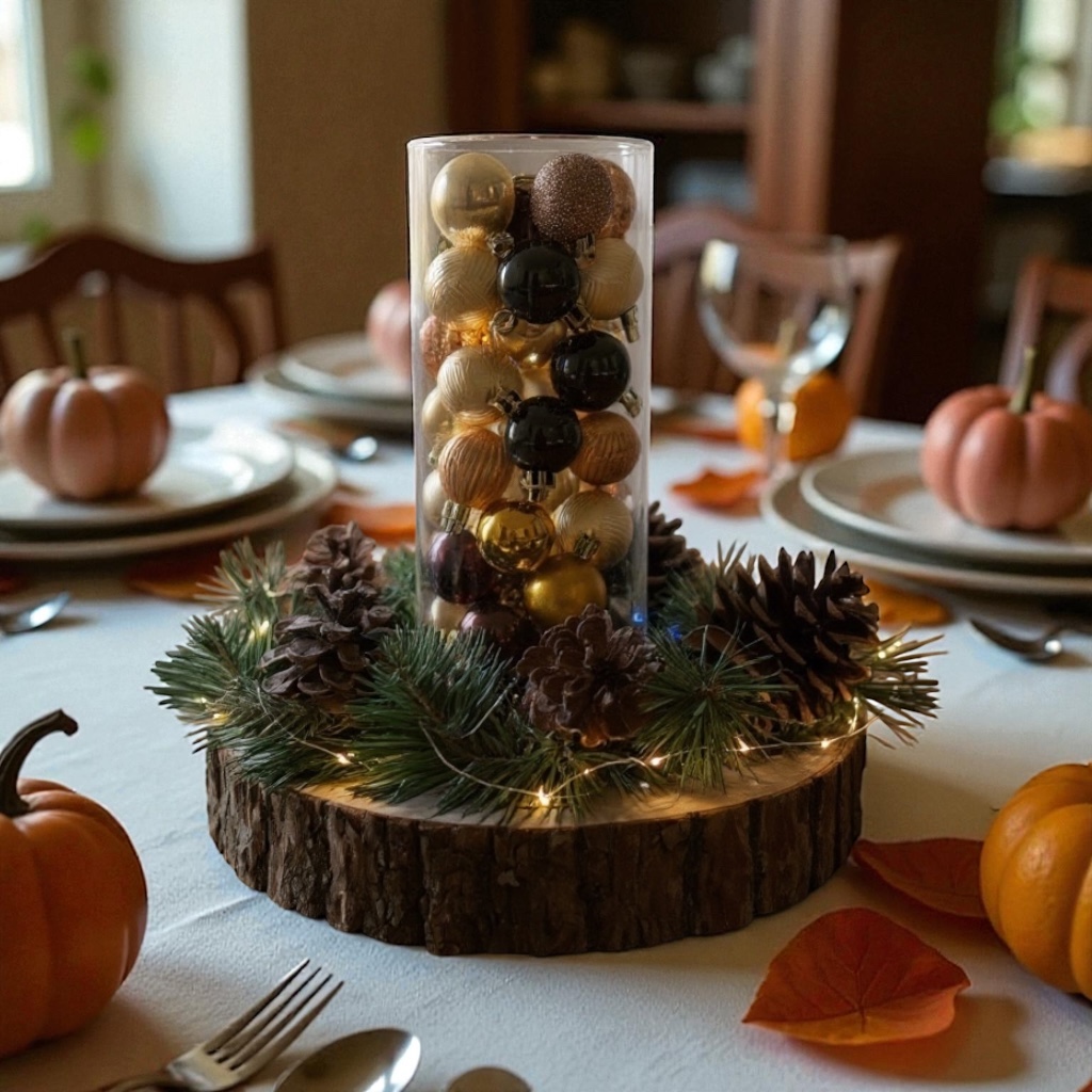 Close-up of handmade centerpiece with pinecones, greenery, and metallic ornaments; warm rustic decor for table or mantel. Close-up of handmade centerpiece with pinecones, greenery, and metallic ornaments; warm rustic decor for table or mantel.
