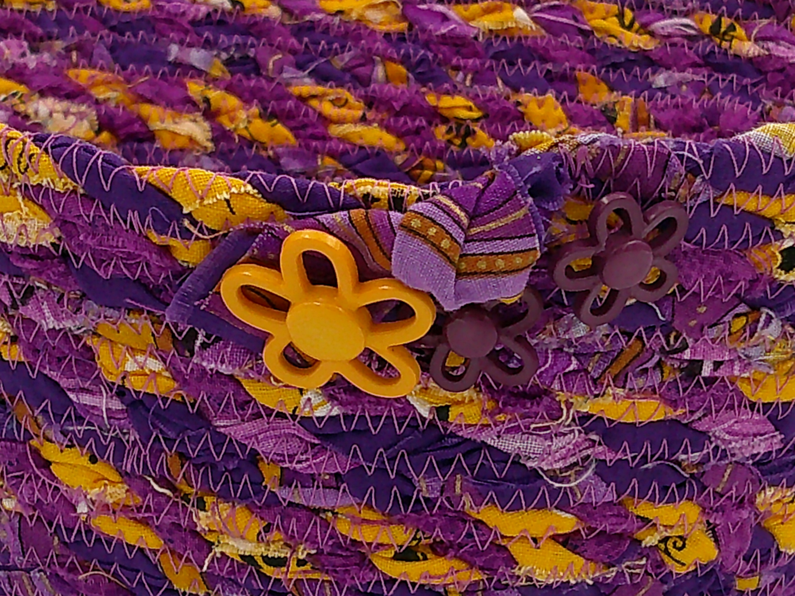 This is a close up of the 3 buttons anchoring the knot at the end of the fabric rope. This is a close up of the 3 buttons anchoring the knot at the end of the fabric rope.