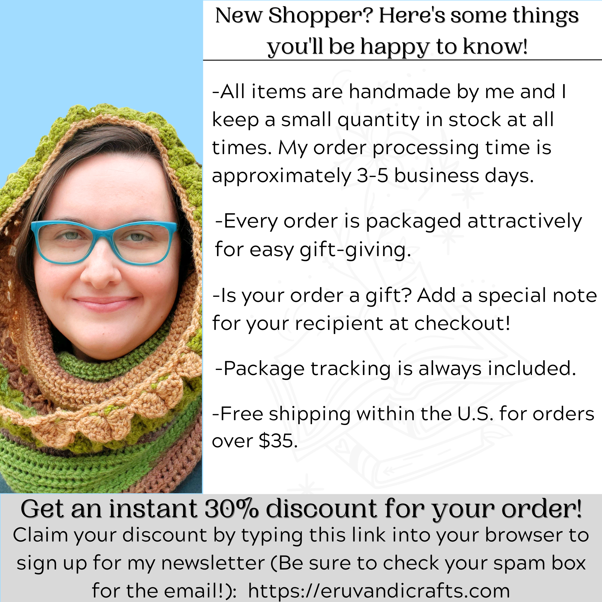 A graphic states shop information that can also be found by going to my shop's main page.  A graphic states shop information that can also be found by going to my shop's main page.