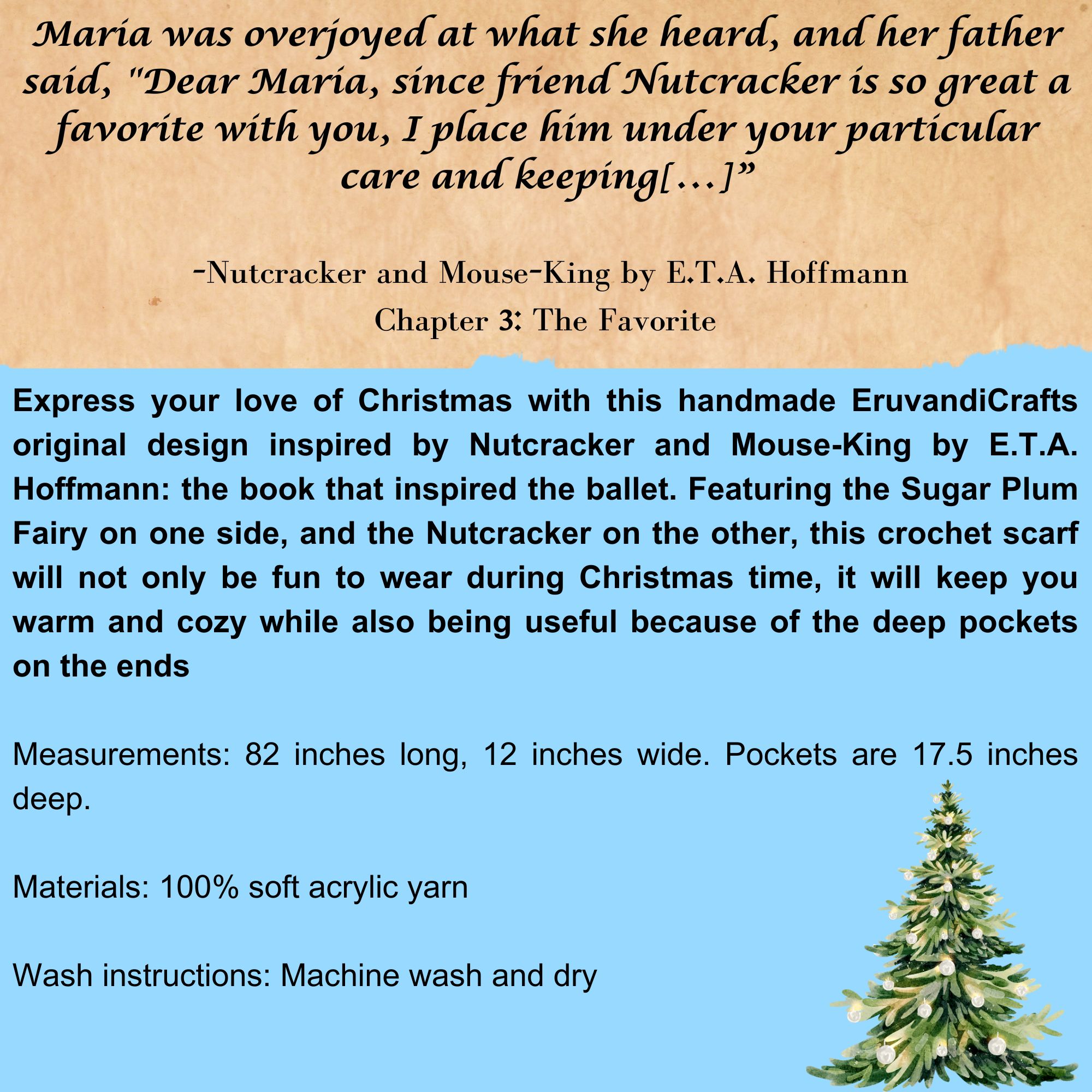 A graphic says the scarf is 82 inches long, 12 inches wide, with pockets 17.5 inches deep. Made with machine wash and dry acrylic yarn. A graphic says the scarf is 82 inches long, 12 inches wide, with pockets 17.5 inches deep. Made with machine wash and dry acrylic yarn.