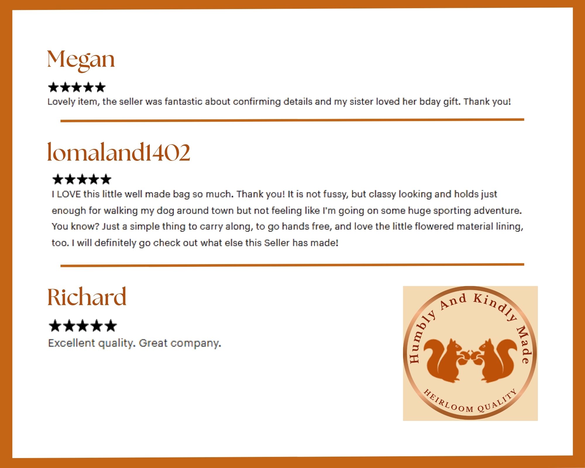 Customer's five-star reviews of handmade bags, praising heirloom quality craftsmanship, great communication, and excellent handmade design. Customer's five-star reviews of handmade bags, praising heirloom quality craftsmanship, great communication, and excellent handmade design.