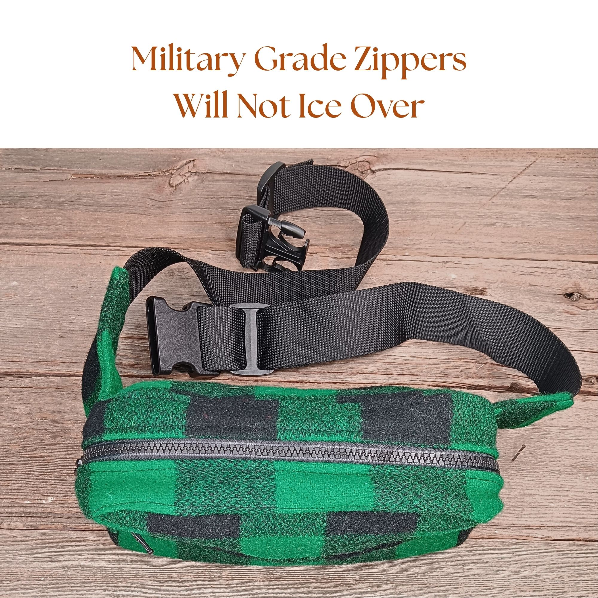Close-up of handmade green wool belt bag with military-grade zipper rugged zippers that resist icing and withstands cold-weather conditions. Close-up of handmade green wool belt bag with military-grade zipper rugged zippers that resist icing and withstands cold-weather conditions.