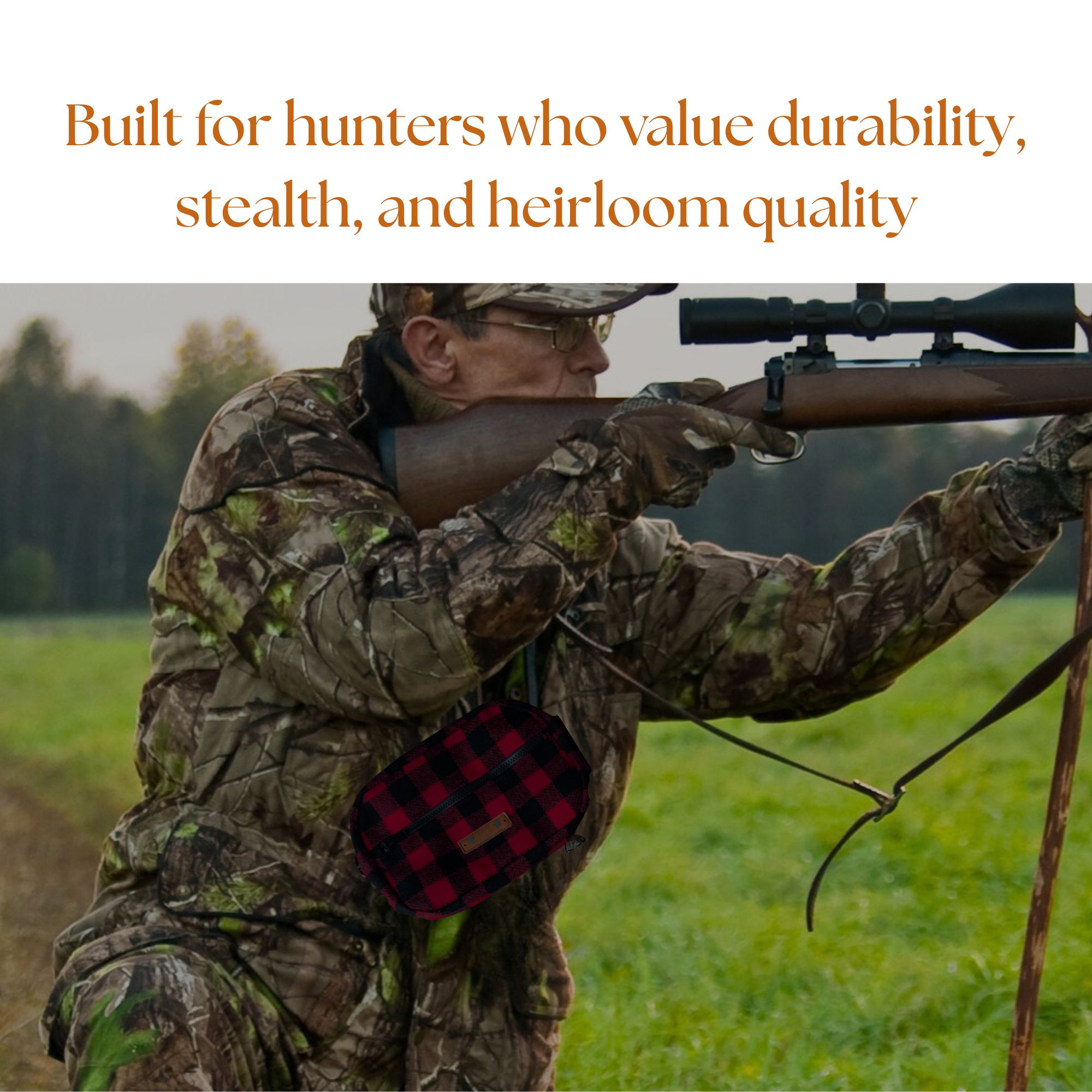 Hunter wearing camouflage gear aims rifle in a field while wearing a handmade red and black wool hunting belt bag.  Deer hunting pack. Hunter wearing camouflage gear aims rifle in a field while wearing a handmade red and black wool hunting belt bag.  Deer hunting pack.