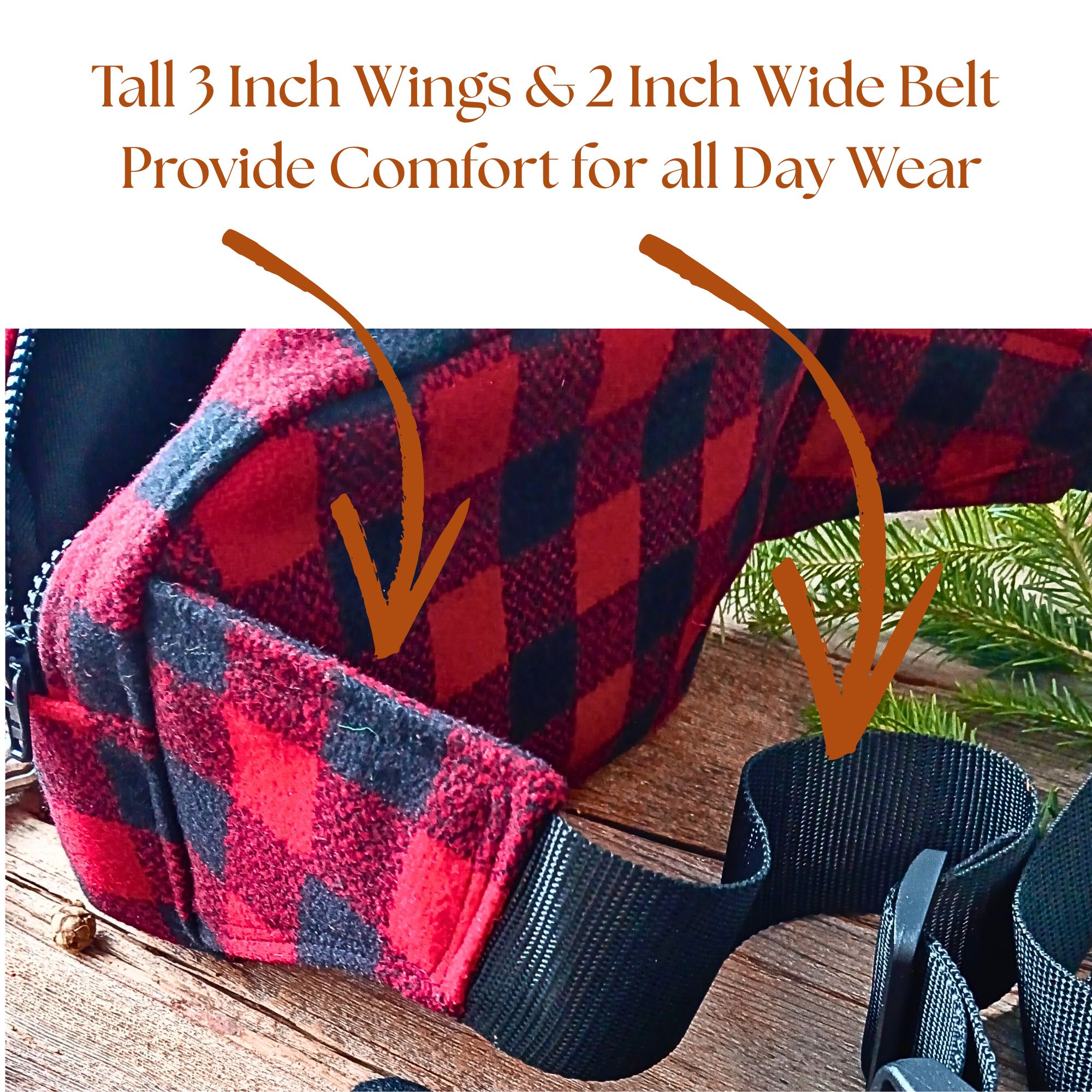 Close-up of handmade red wool hunting belt bag showing side wings and 2 inch wide belt designed for comfort during all day outdoor wear. Close-up of handmade red wool hunting belt bag showing side wings and 2 inch wide belt designed for comfort during all day outdoor wear.