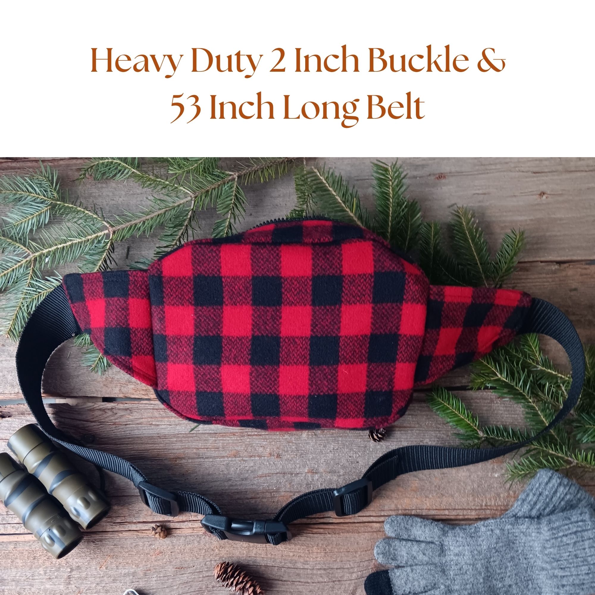 Red & black check hunting belt bag handcrafted from Johnson Woolen Mills virgin wool, shown with evergreen branches — rugged waist pack. Red & black check hunting belt bag handcrafted from Johnson Woolen Mills virgin wool, shown with evergreen branches — rugged waist pack.