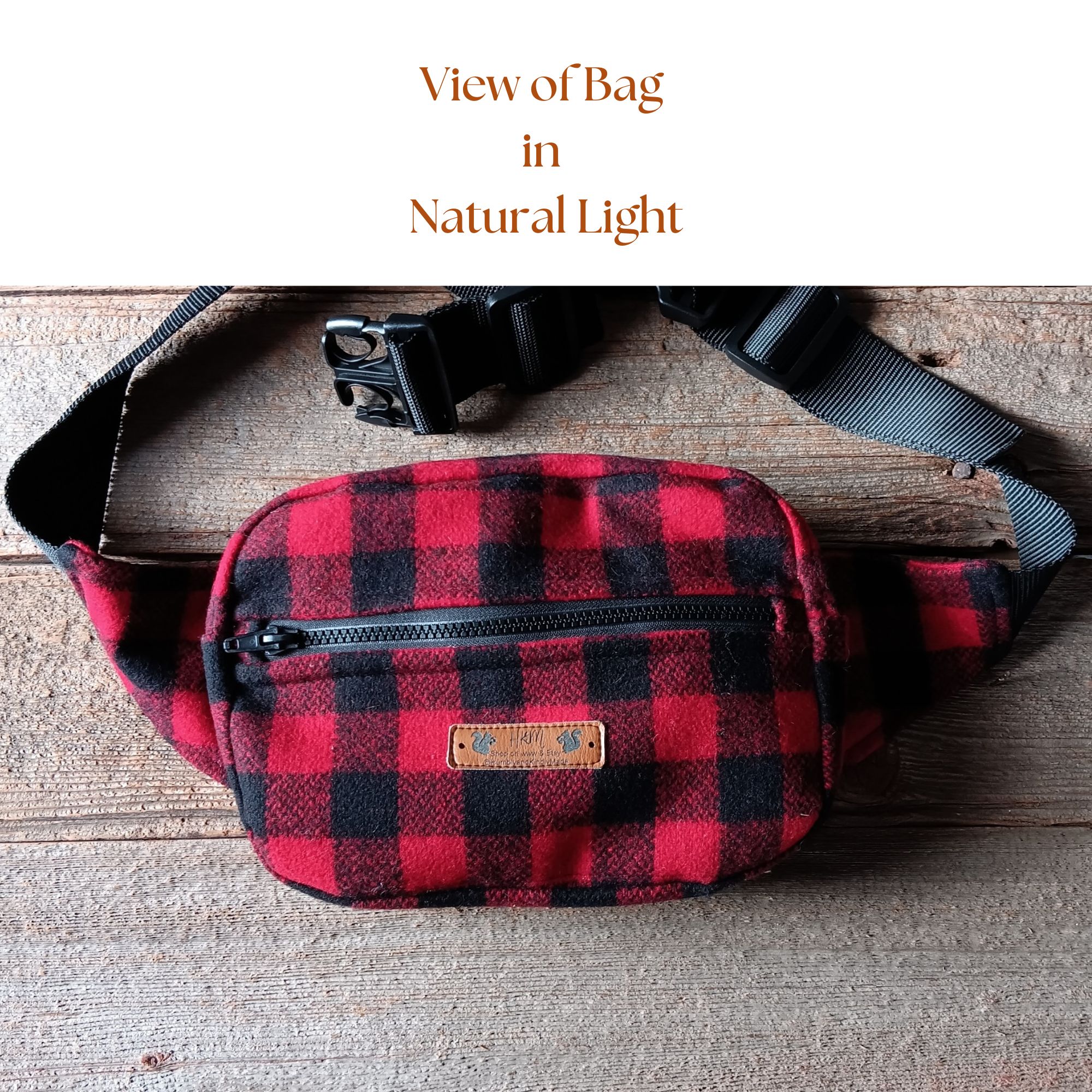 Red and black buffalo plaid wool hunting belt bag handcrafted from Johnson Woolen Mills fabric lays in natural light - ideal for hunters. Red and black buffalo plaid wool hunting belt bag handcrafted from Johnson Woolen Mills fabric lays in natural light - ideal for hunters.