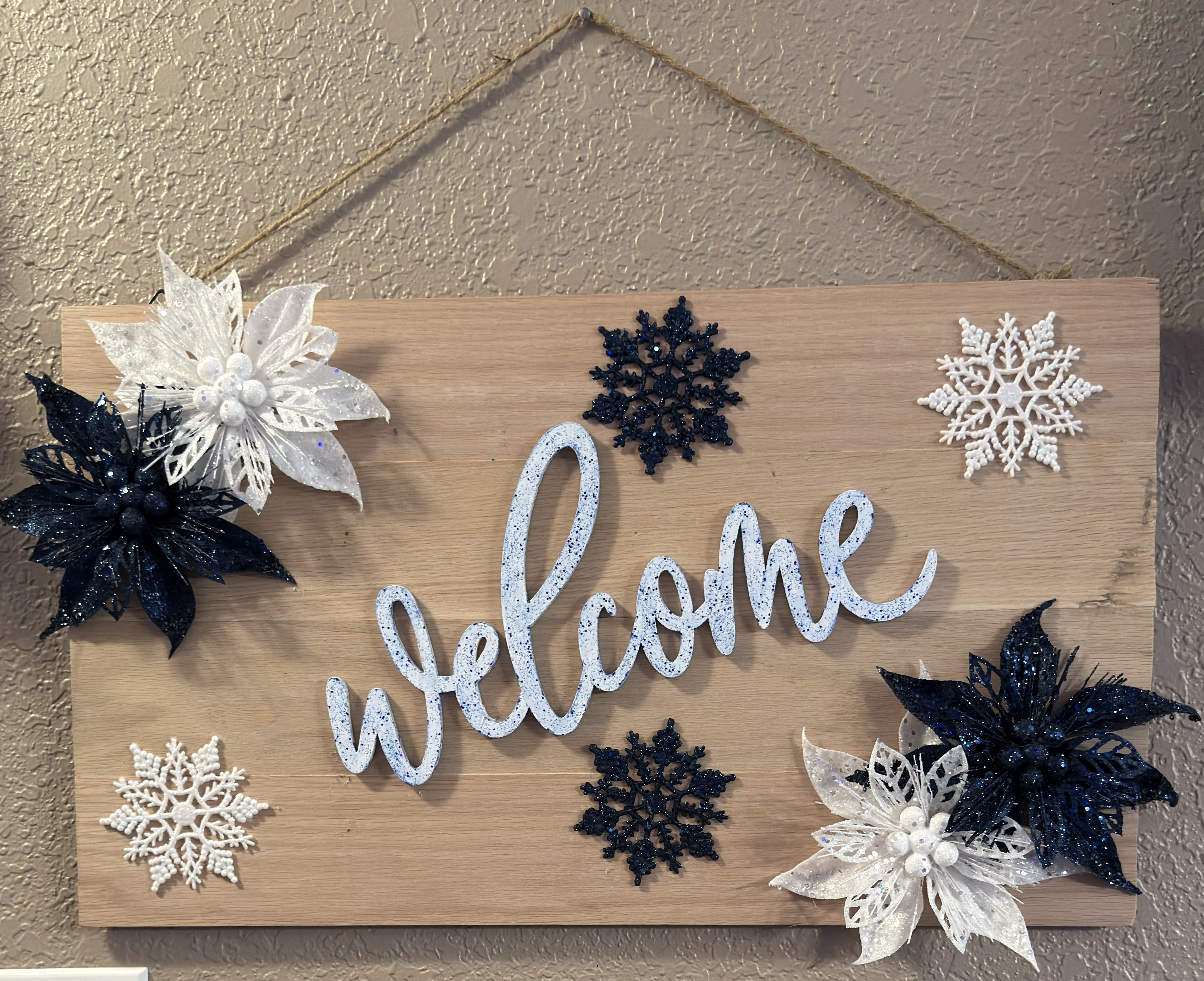 Example of finished welcome sign made on red oak wood sign blank, shown for design inspiration only
