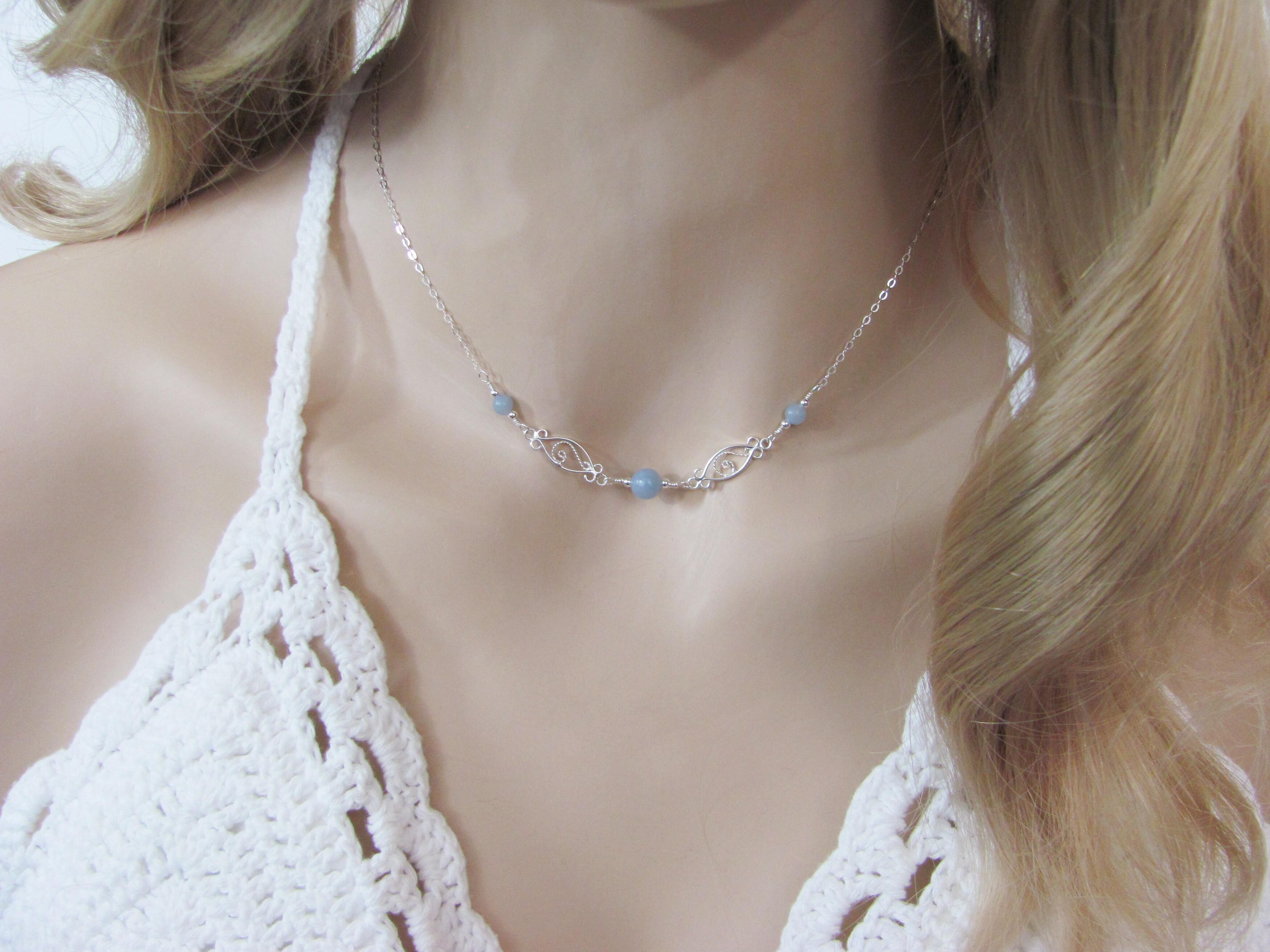 Blue Angelite Choker, Sterling Silver Filigree Necklace