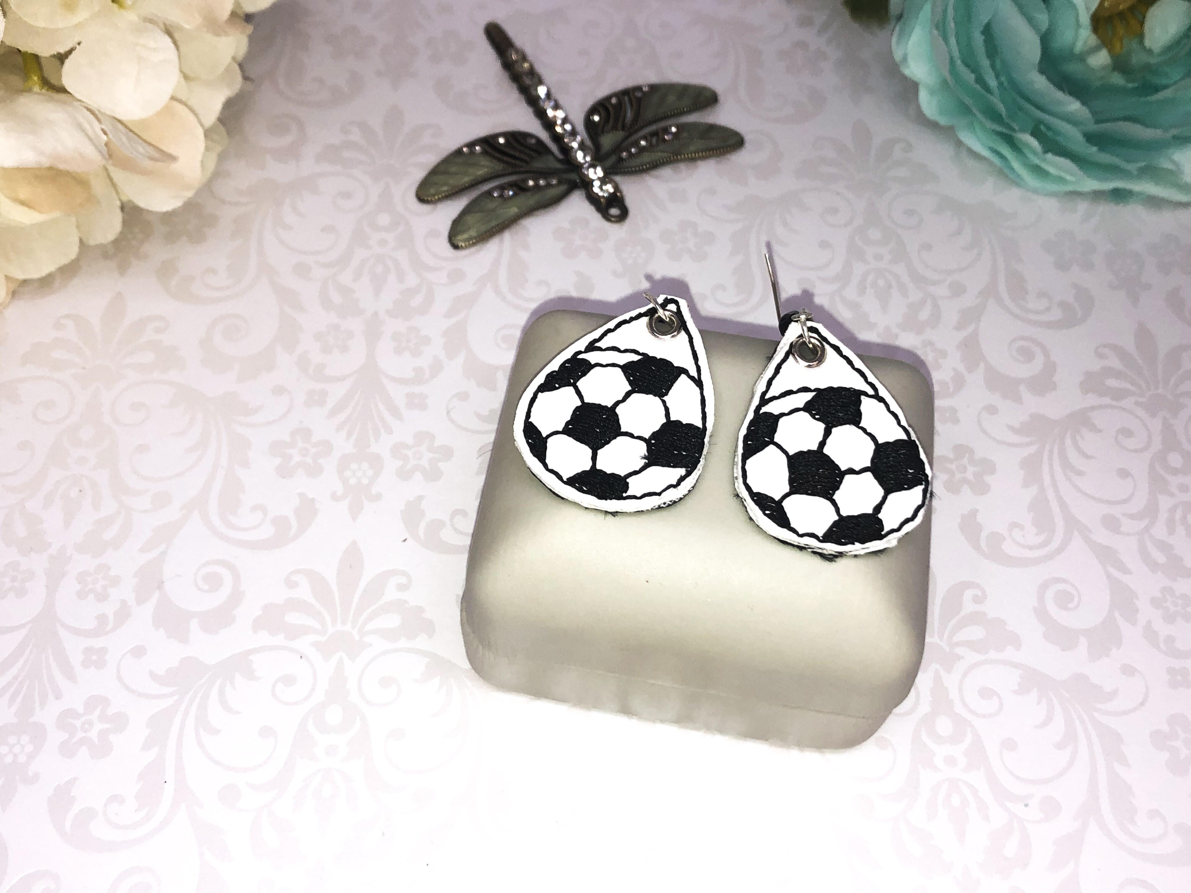 Handmade Tear Drop Soccer Ball Vinyl Machine Embroidery Earrings