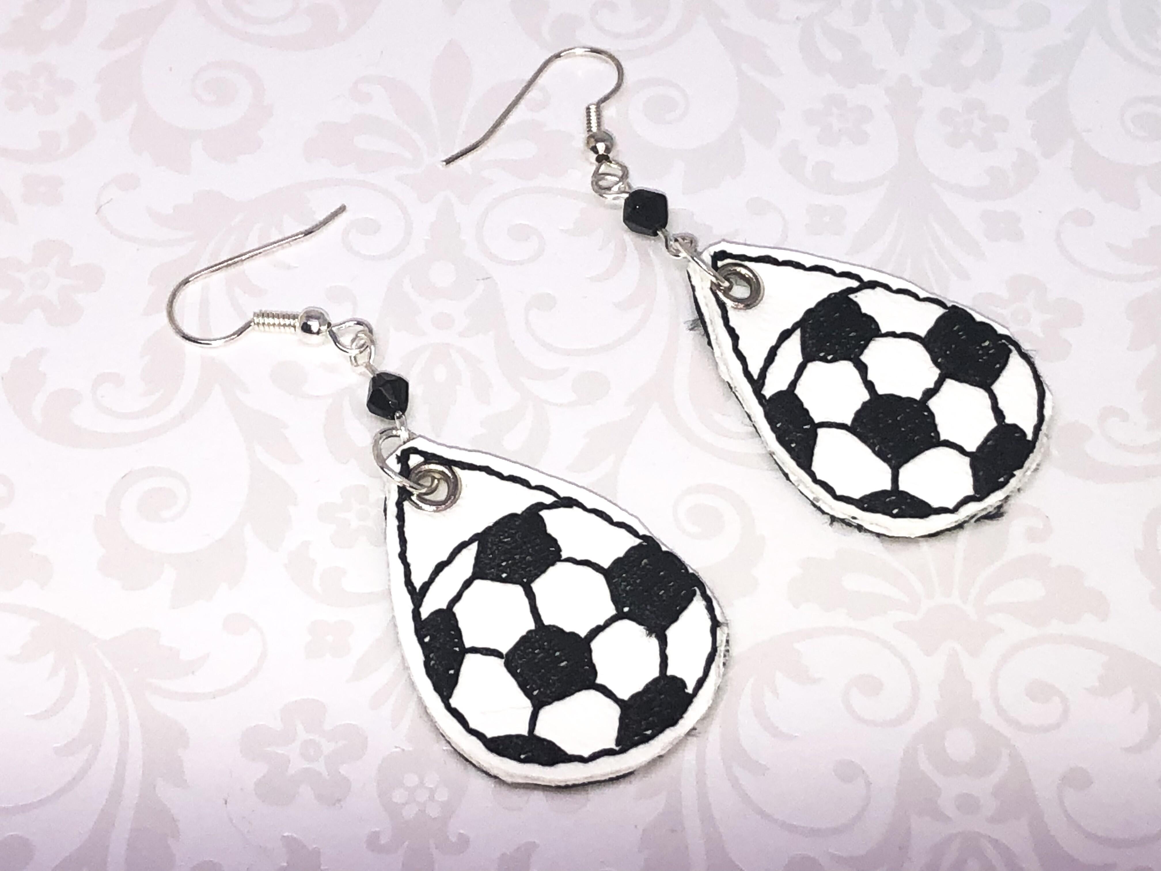 Handmade Tear Drop Soccer Ball Vinyl Machine Embroidery Earrings