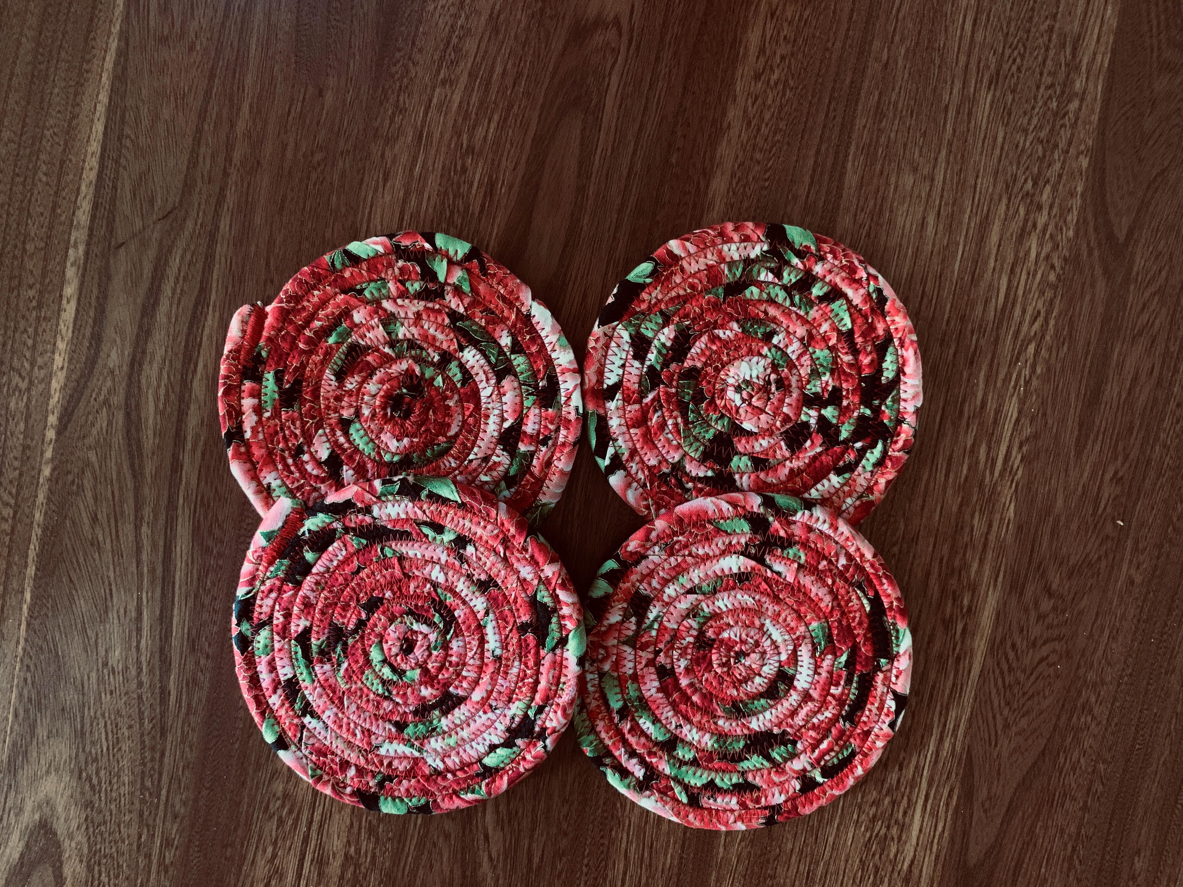 Handmade coiled fabric coasters red multi color (Set of 4)