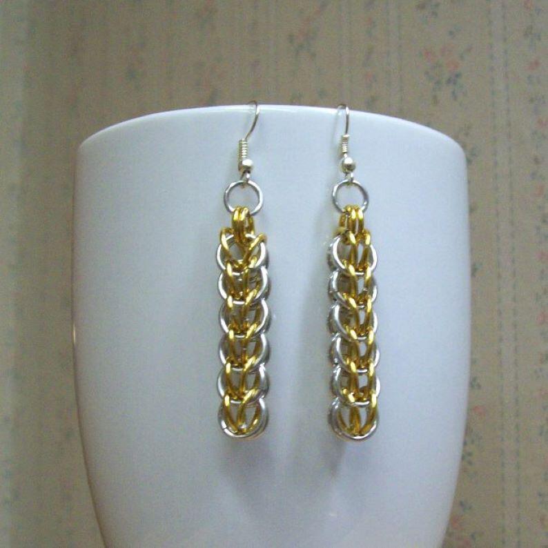 Chainmaille Full Persian Earrings, Gold and Silver