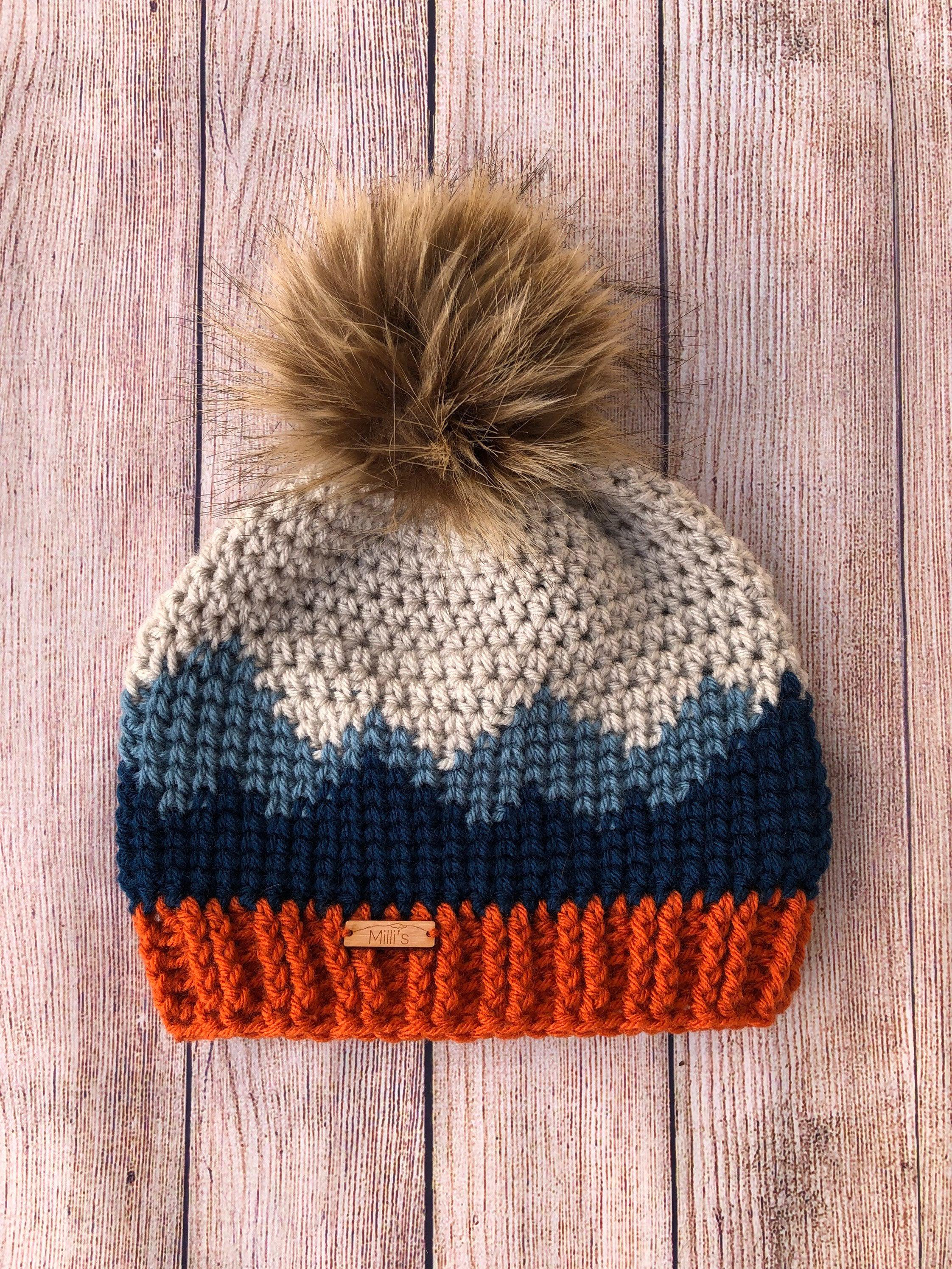 Crochet Denim Beanie Navy Colors Mountain Scape Blue Ridge Multi-Tone Faux Fur 6” Pom-Pom Ribbed Brim Floppy store or Shorter Look Fits 22