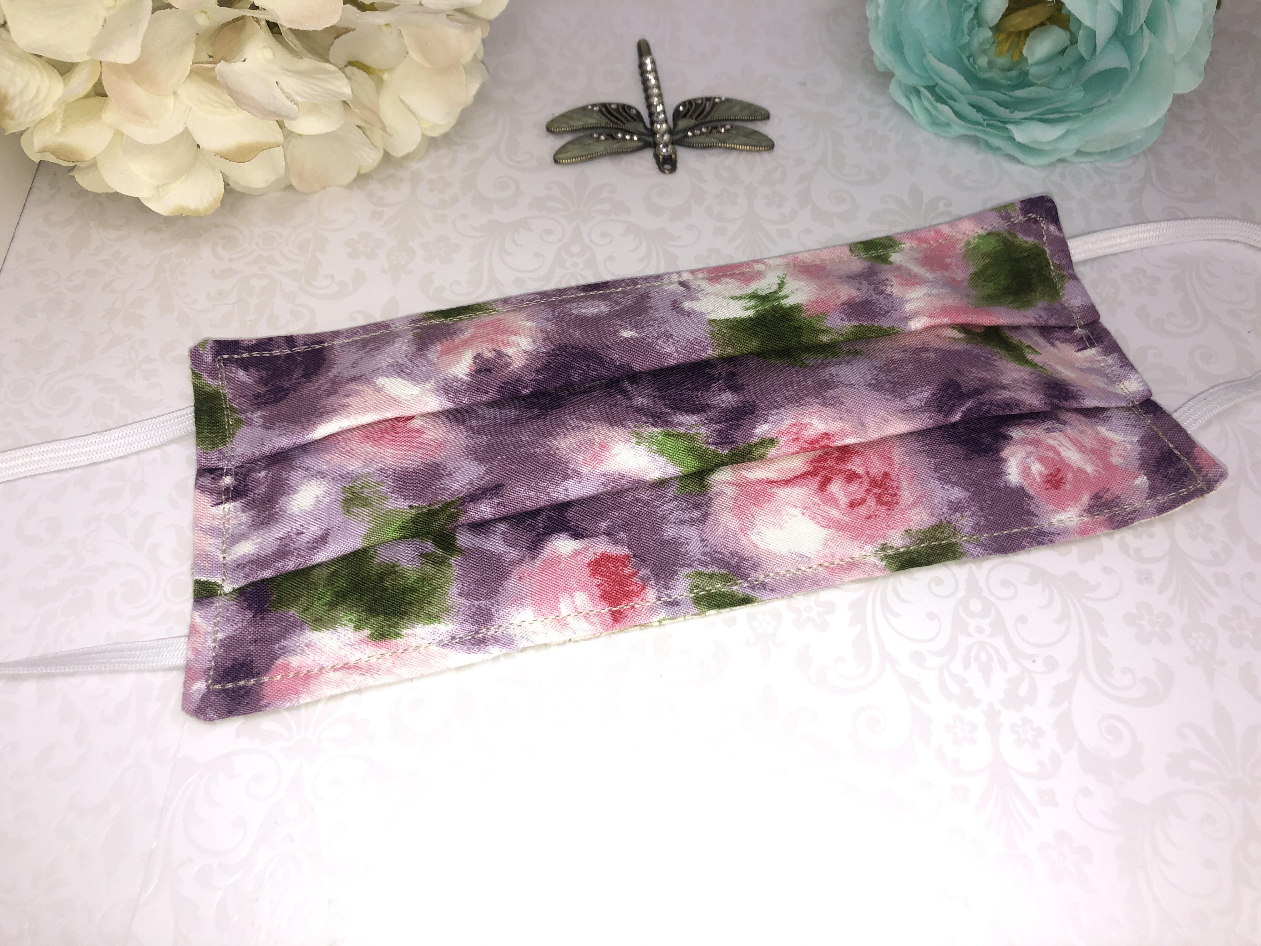 Hand Made Pink and Purple Abstract Rose Cotton Face Mask With Elastic