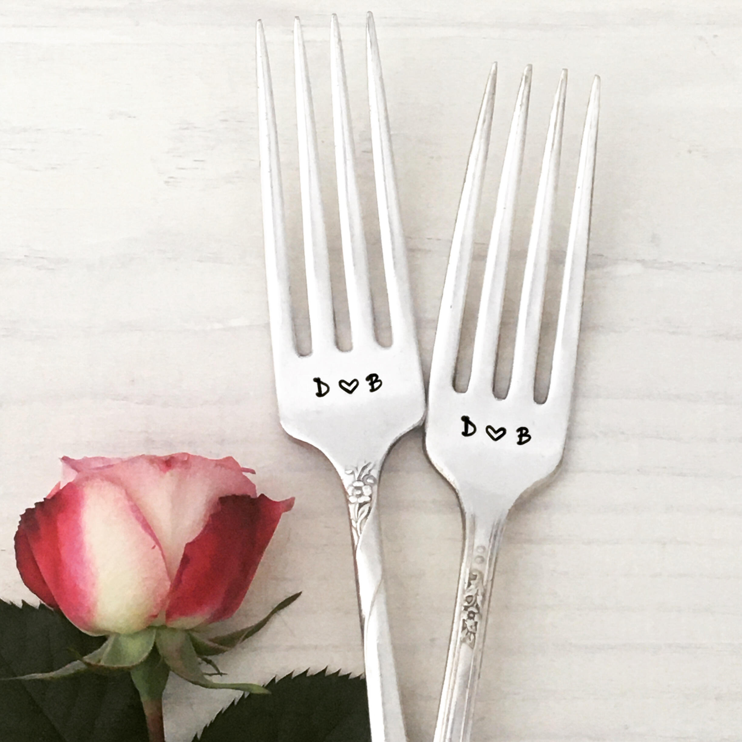 vintage set,Spring Garden Personalized forks with date and monogram hand stamped forks