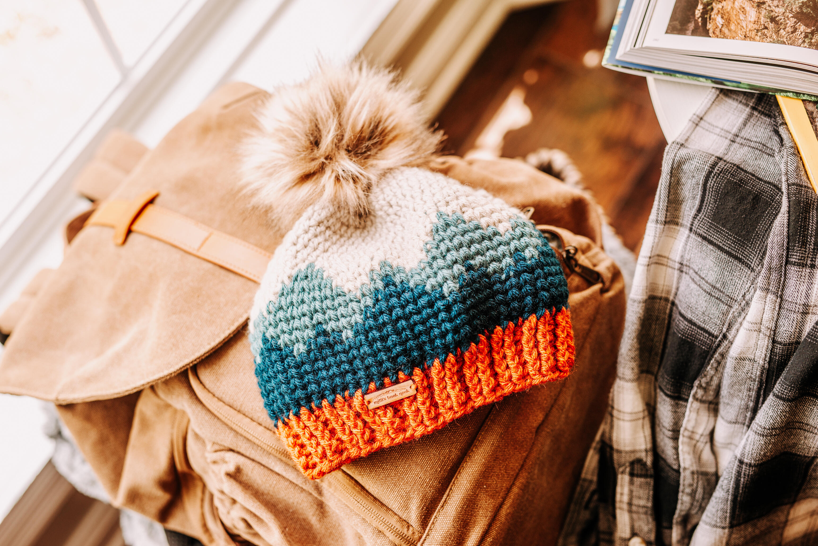 Crochet Hat and Scarf set, Mountain Ridge Hat and orders Scarf, Pompom Hat, Blue Beanie