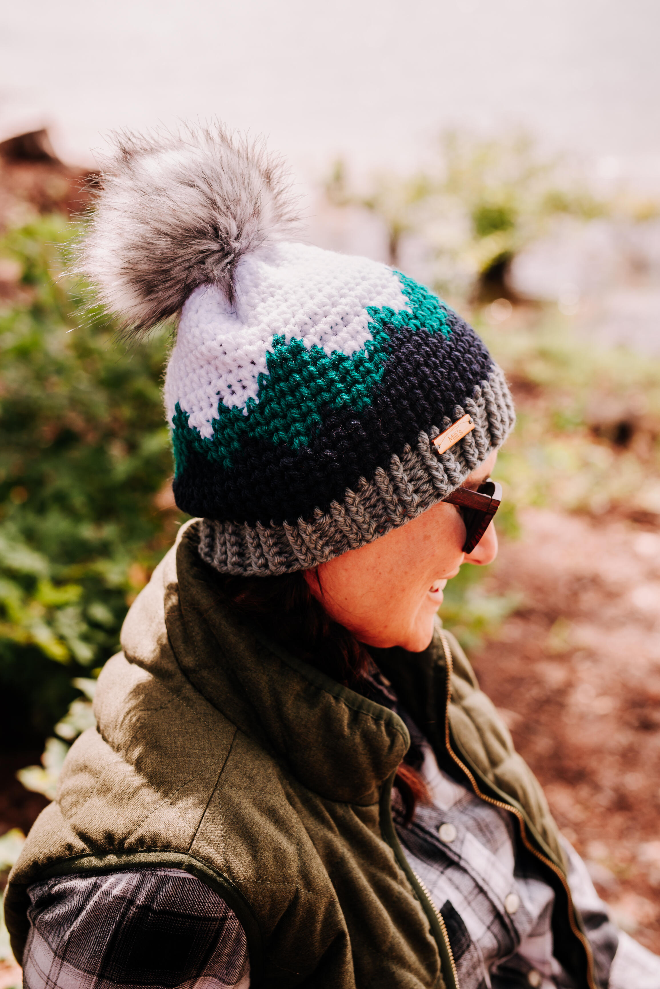 Mountain Range Winter Hat Peacock and Blue Mountains with Gray and White Adult Women s Men s Winter Hat Faux Fur Pom Pom Hat Beanie