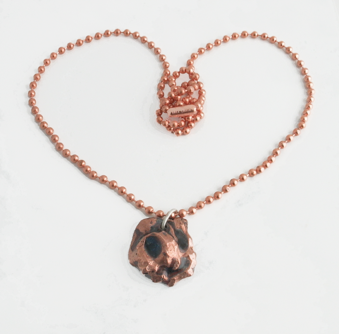 Chunky solid copper forged nugget pendant with vitreous enamel glass, on 24" copper ball chain.