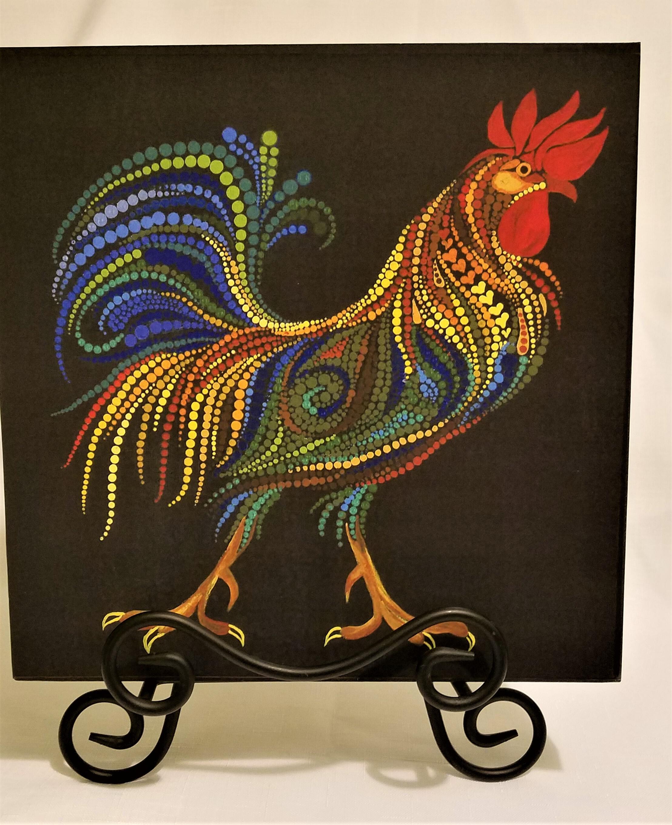 Rooster Dot Art Print on Wood