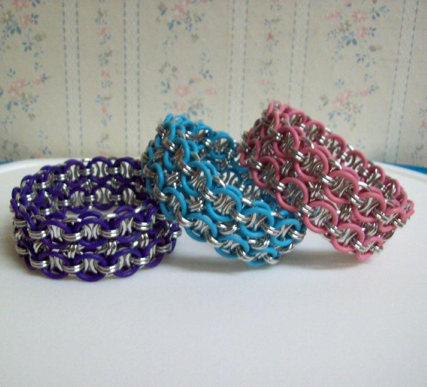 Chainmaille Helm Weave Cuff Bracelet, Stretch, Assorted Pastel Colors