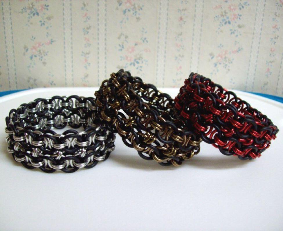 Chainmaille Helm Weave Cuff Bracelet, Stretch, Assorted Colors