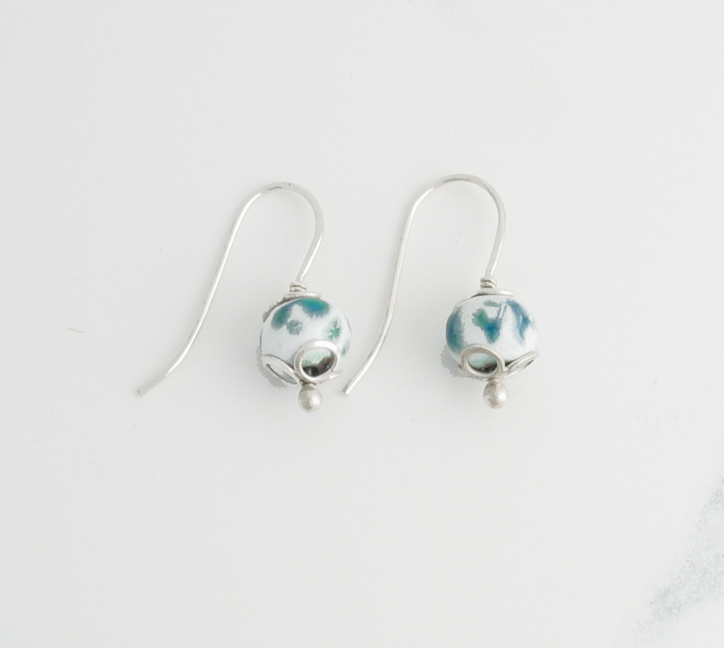 Copper Enamel Spheres of White Turquoise and Water Blue Dangle Earrings with Argentium 935 Sterling Silver Earwires