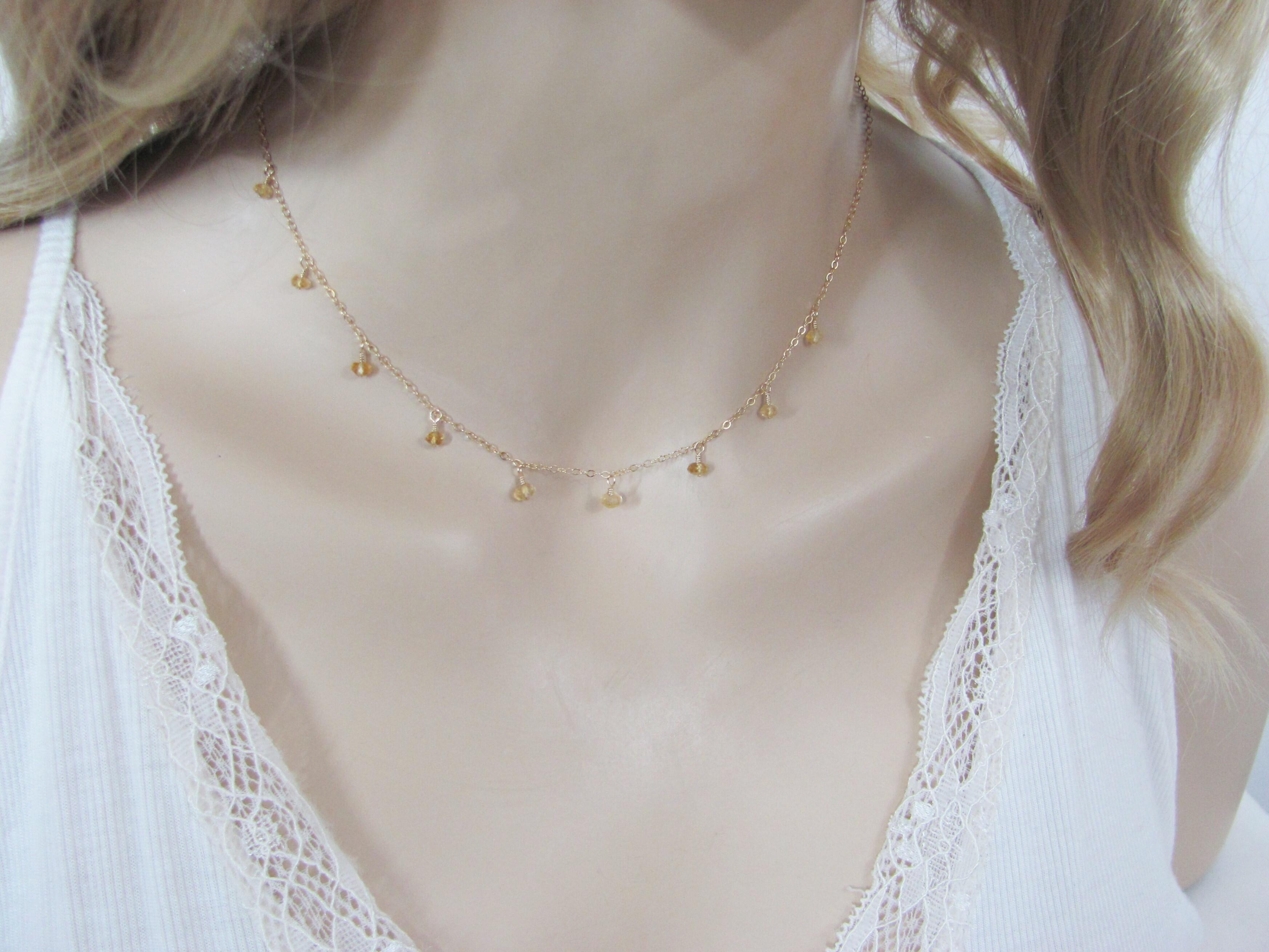 Tiny Citrine Gemstone Necklace, Dangle Choker