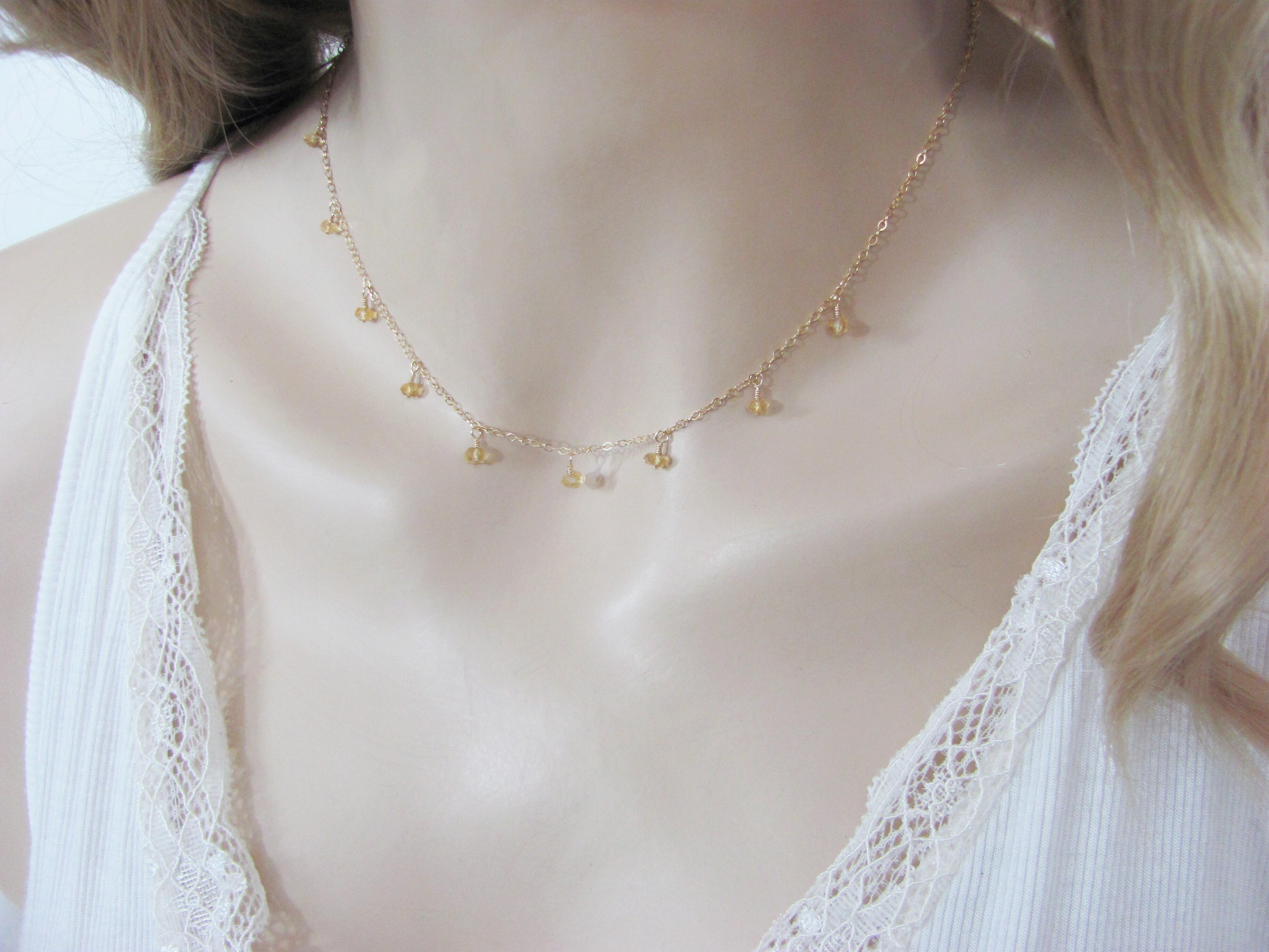 Tiny Citrine Gemstone Necklace, Dangle Choker