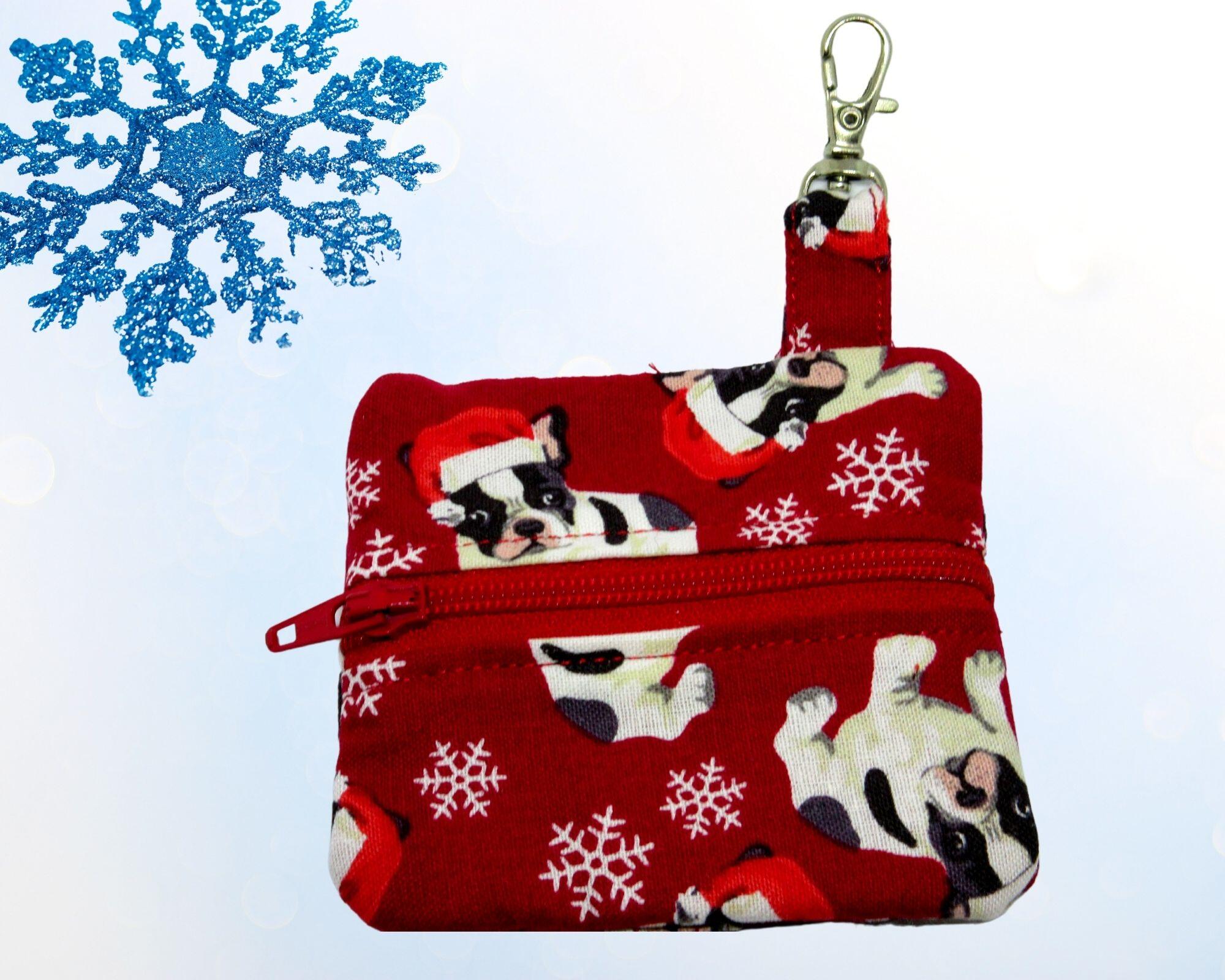 French Bulldogs in Santa Hats with Snowflakes print print dog poop bag or training treat pouch hand made in USA by A FurBaby Favorite
