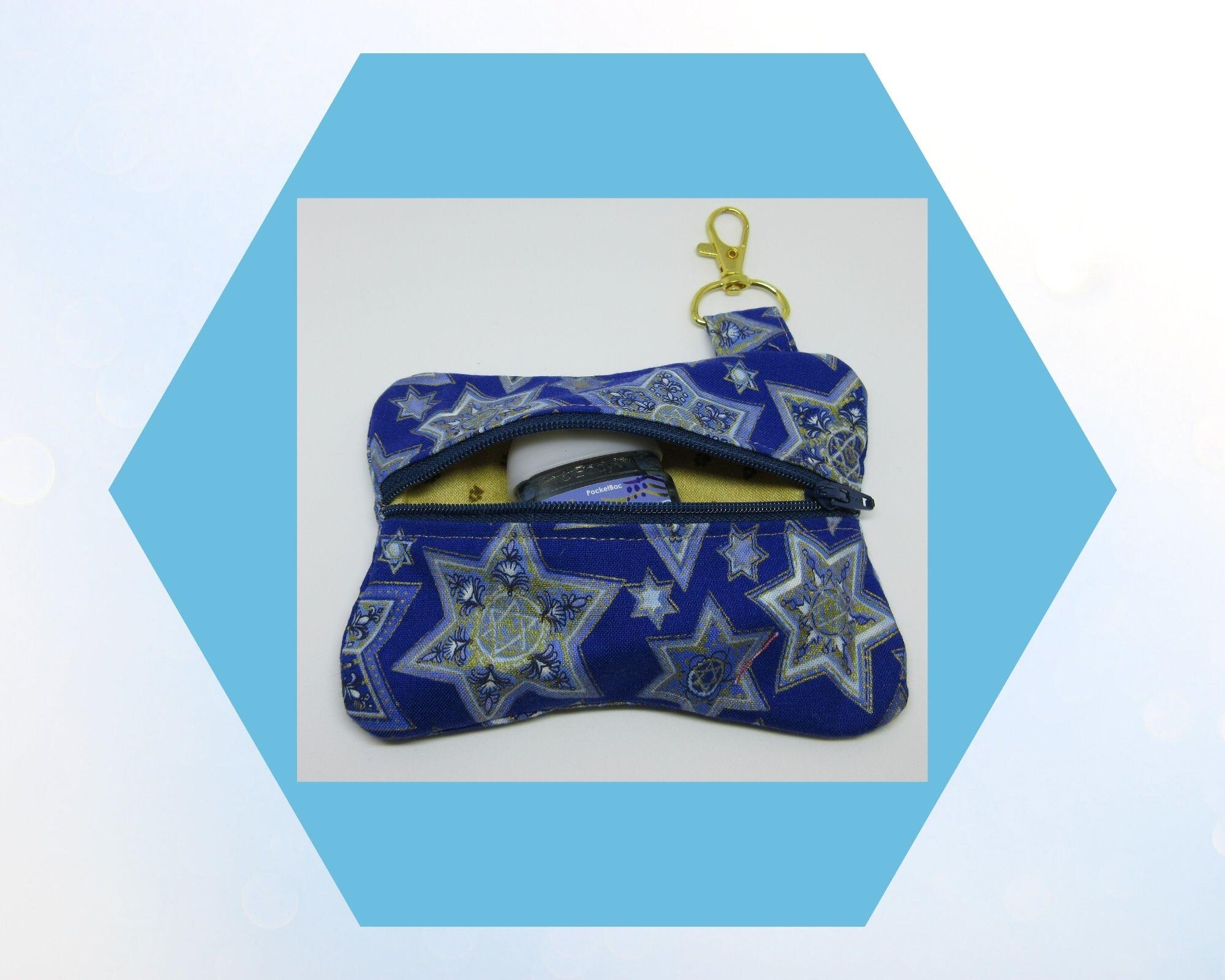 inside paw print pattern Jewish star 6 points blue and gold with gold tone hardware Multi purpose pouch Handmade by a Fur Baby Favorite dog poop bag holder waste bag dispenser training treat pouch binky pacifier bag change purse pouch