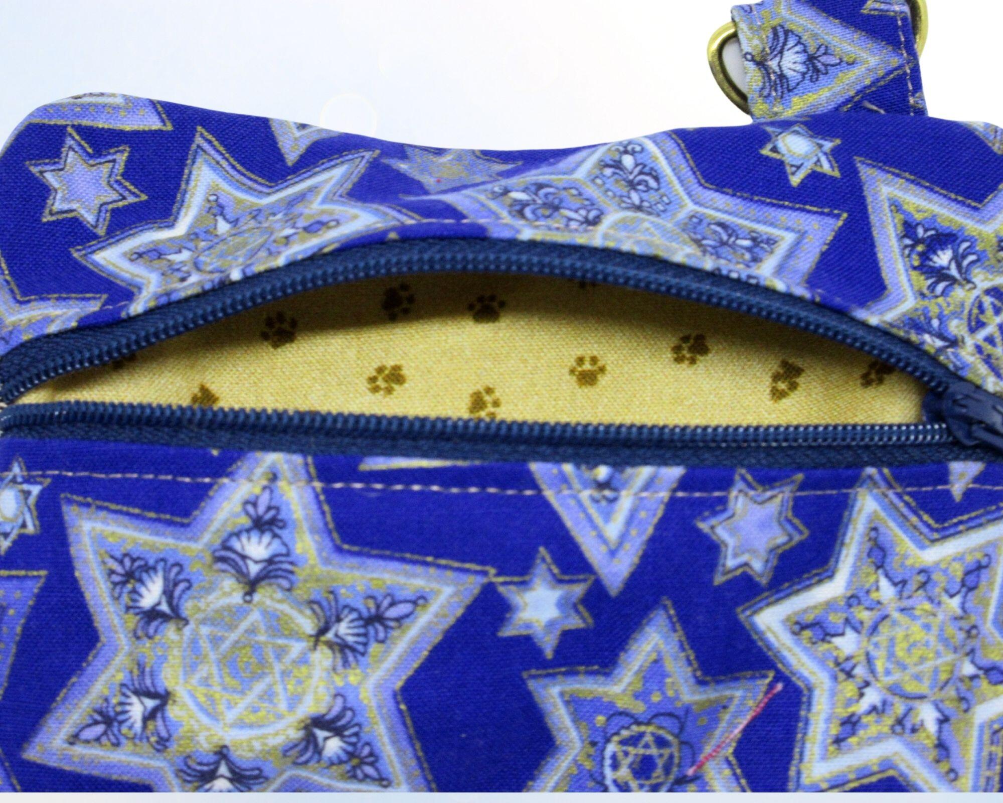 close up Jewish star 6 points blue and gold with gold tone hardware Multi purpose pouch Handmade by a Fur Baby Favorite dog poop bag holder waste bag dispenser training treat pouch binky pacifier bag change purse pouch