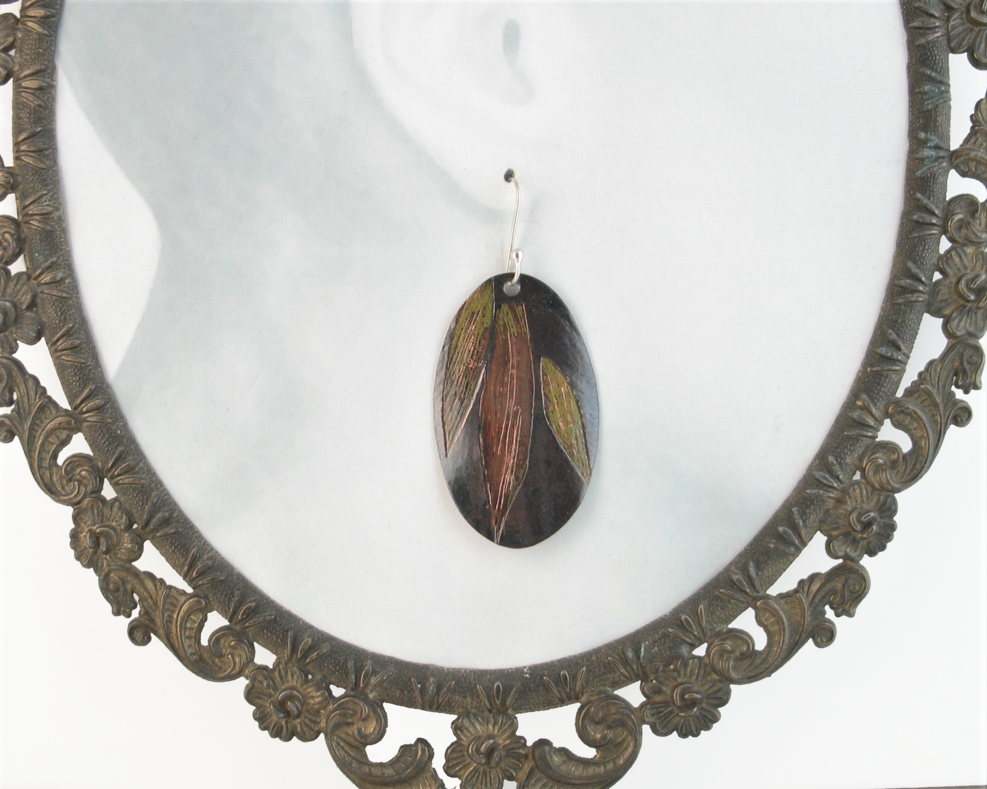 bamboo leaf impressed oval copper earrings