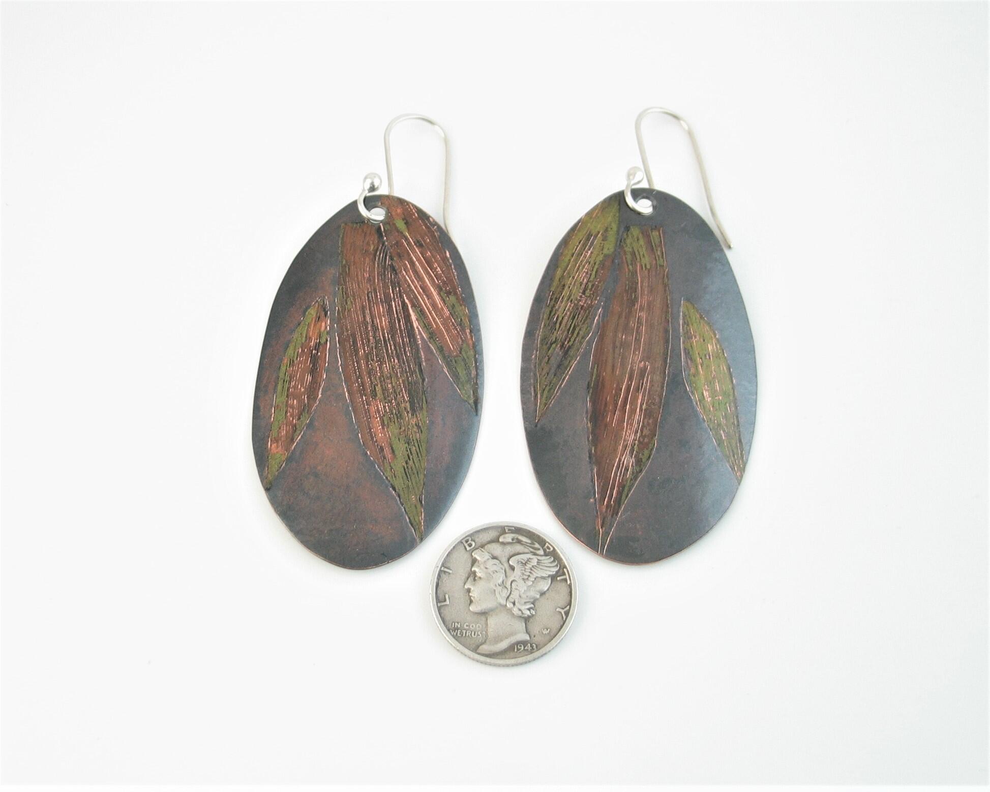 bamboo leaf impressed oval copper earrings