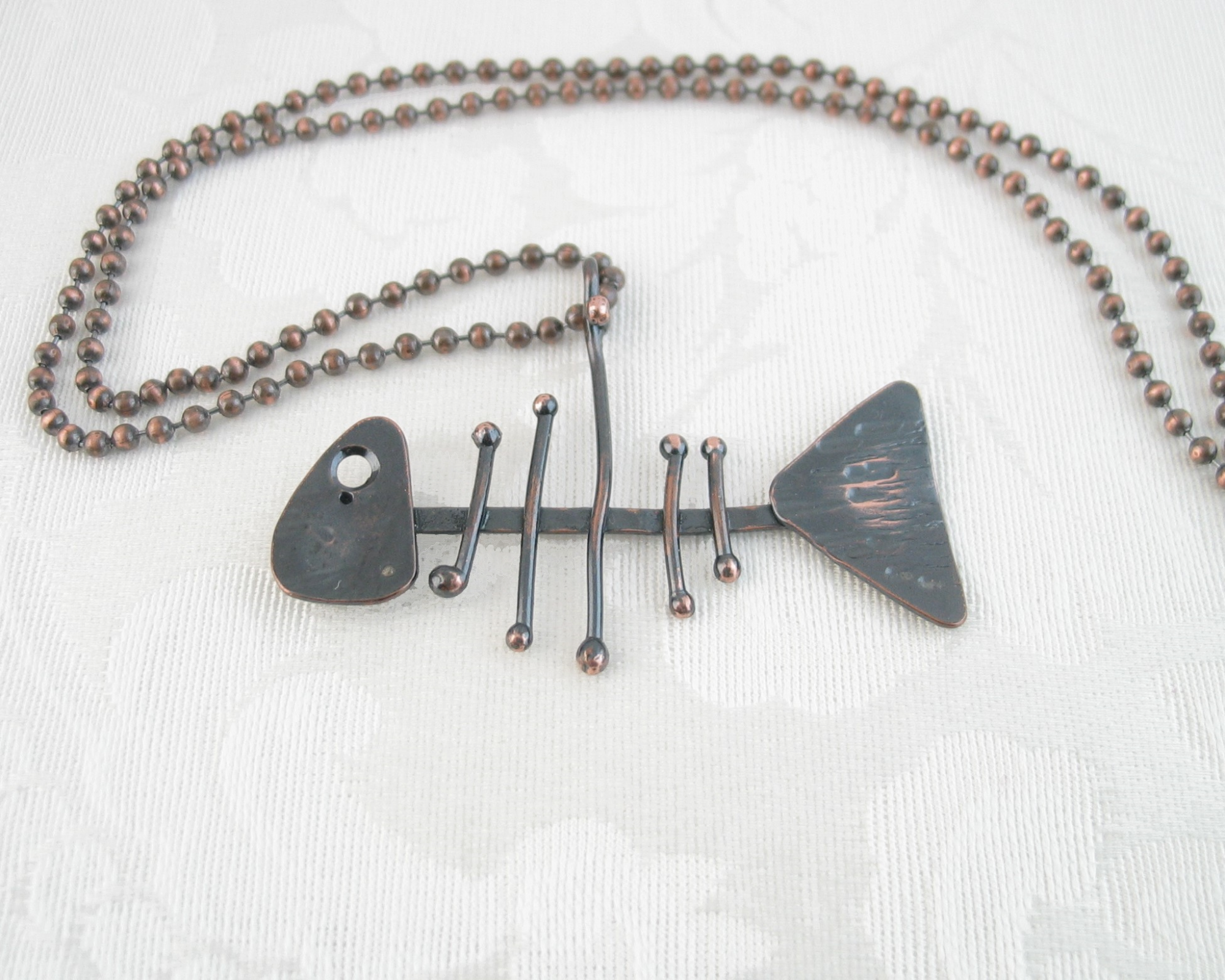 Solid Copper Fish Skeleton Pendant and Necklace
